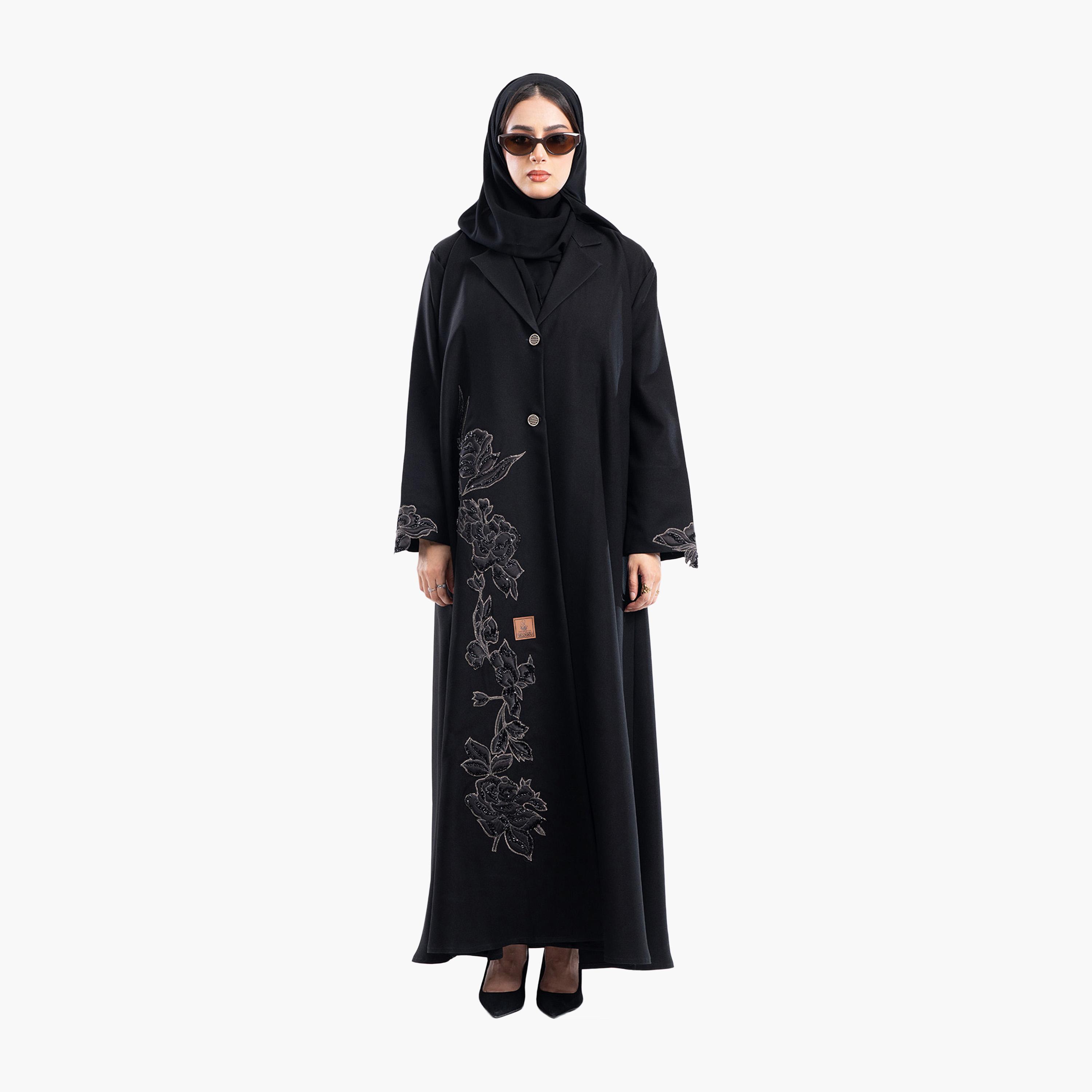 Zahiyh Black Rose Embroidered Lapel Collar Formal Blazer Style Abaya with Hijab-women-arabicclothing-abayas-image-1