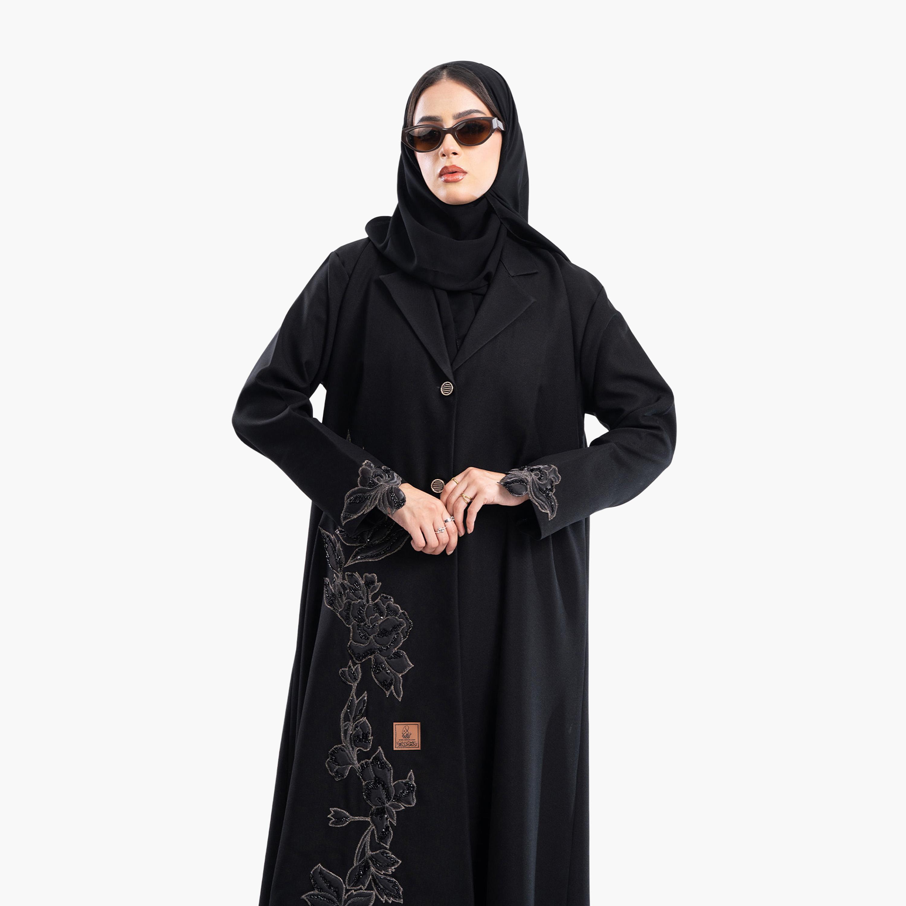 Zahiyh Black Rose Embroidered Lapel Collar Formal Blazer Style Abaya with Hijab-women-arabicclothing-abayas-image-2