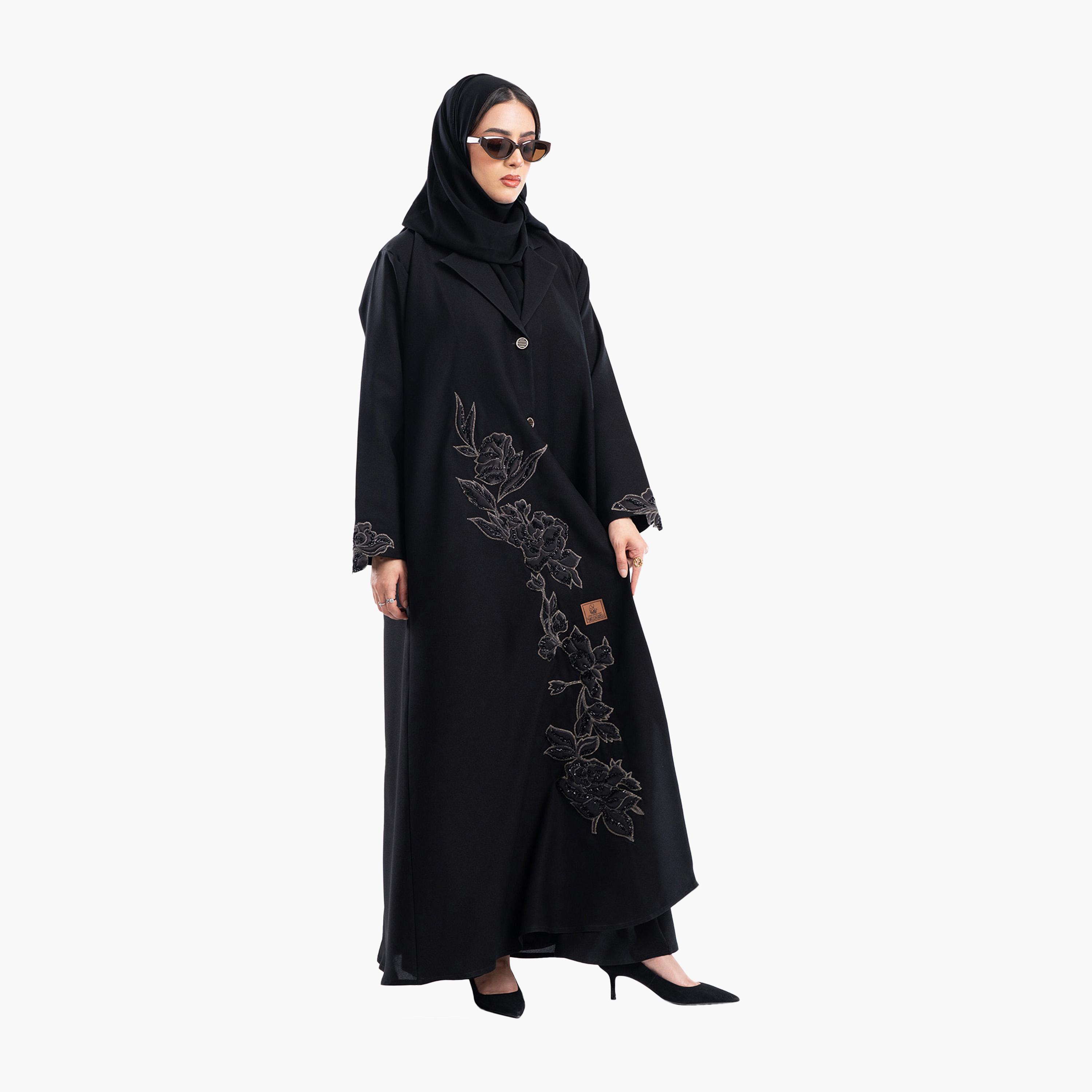 Zahiyh Black Rose Embroidered Lapel Collar Formal Blazer Style Abaya with Hijab-women-arabicclothing-abayas-image-3