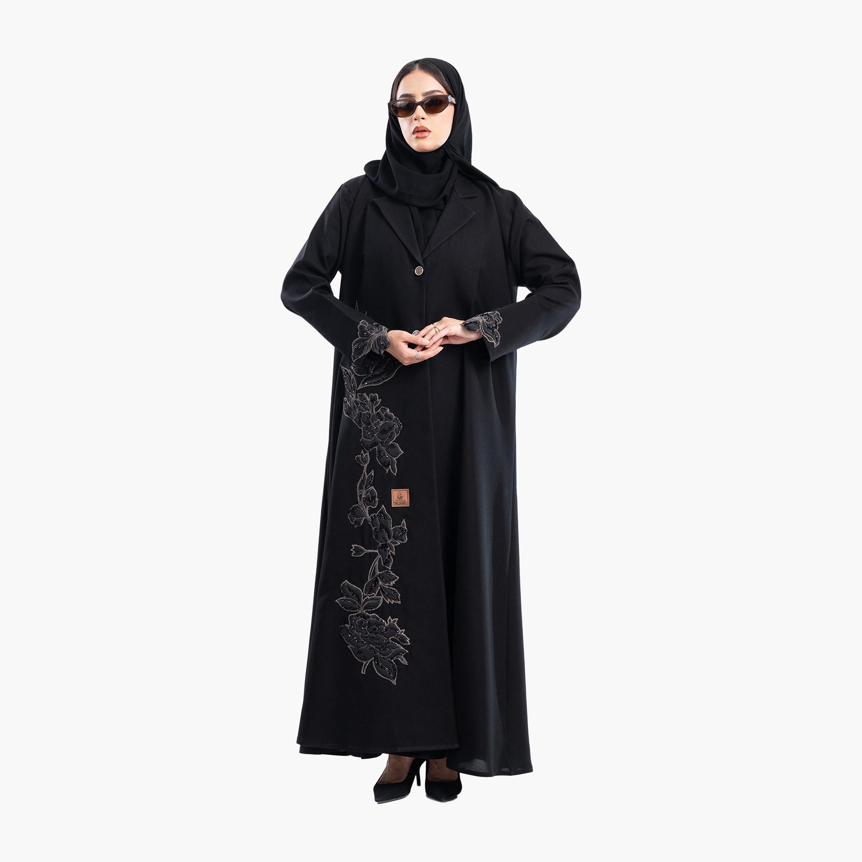 Zahiyh Black Rose Embroidered Lapel Collar Formal Blazer Style Abaya with Hijab-women-arabicclothing-abayas-image-4