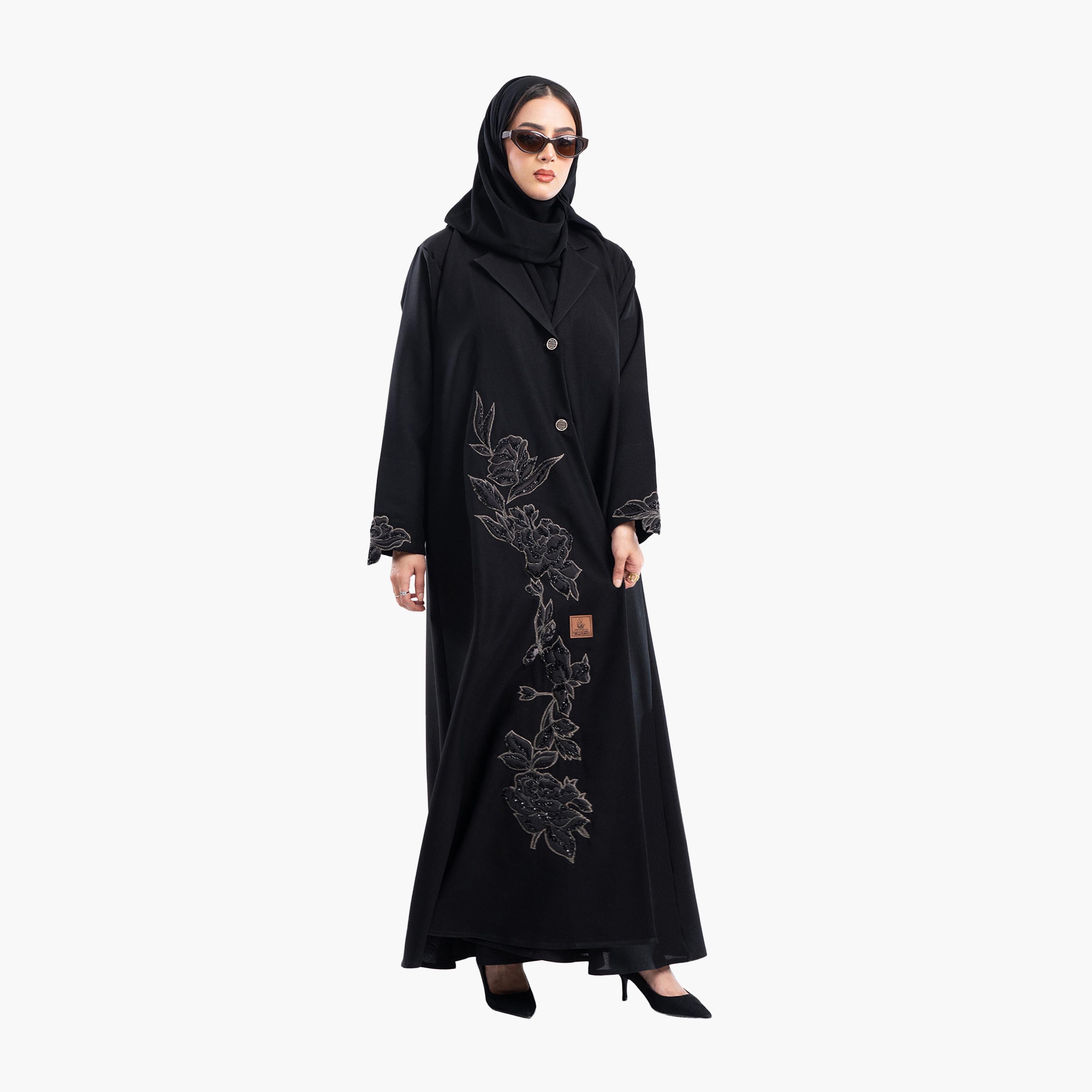 Zahiyh Black Rose Embroidered Lapel Collar Formal Blazer Style Abaya with Hijab-women-arabicclothing-abayas-image-5