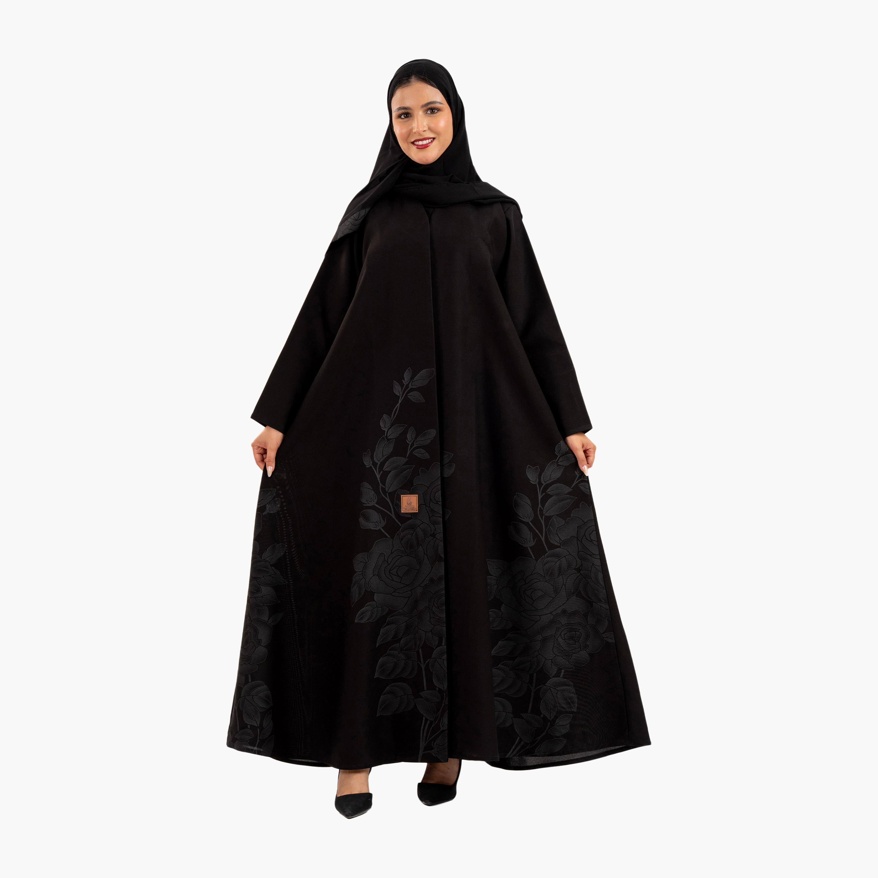 Zahiyh Black Floral Women's Abaya with Hijab-women-arabicclothing-abayas-image-1