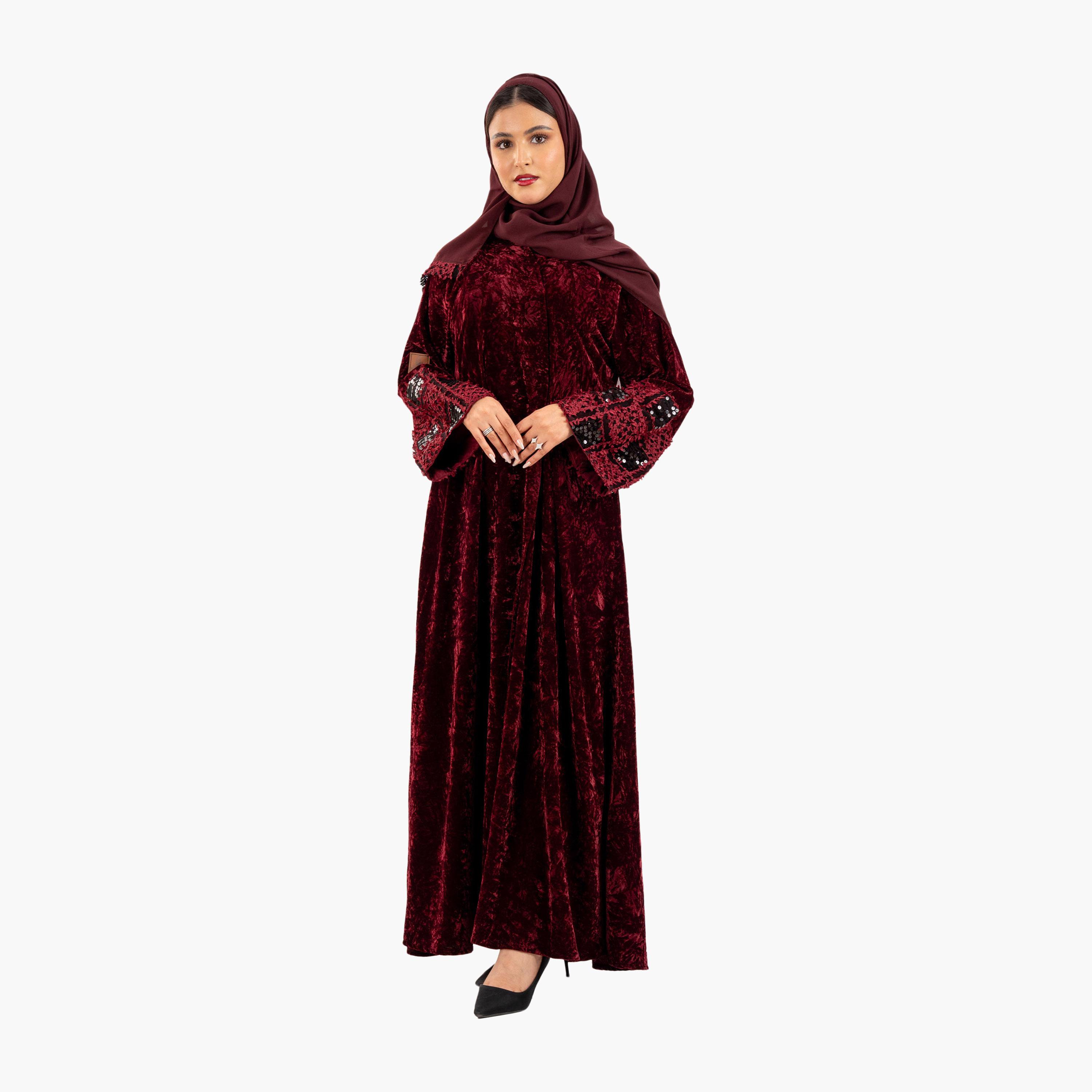 Zahiyh Textured Sequin Detailed Sleeves Evening Women's Abaya with Hijab-women-arabicclothing-abayas-image-1
