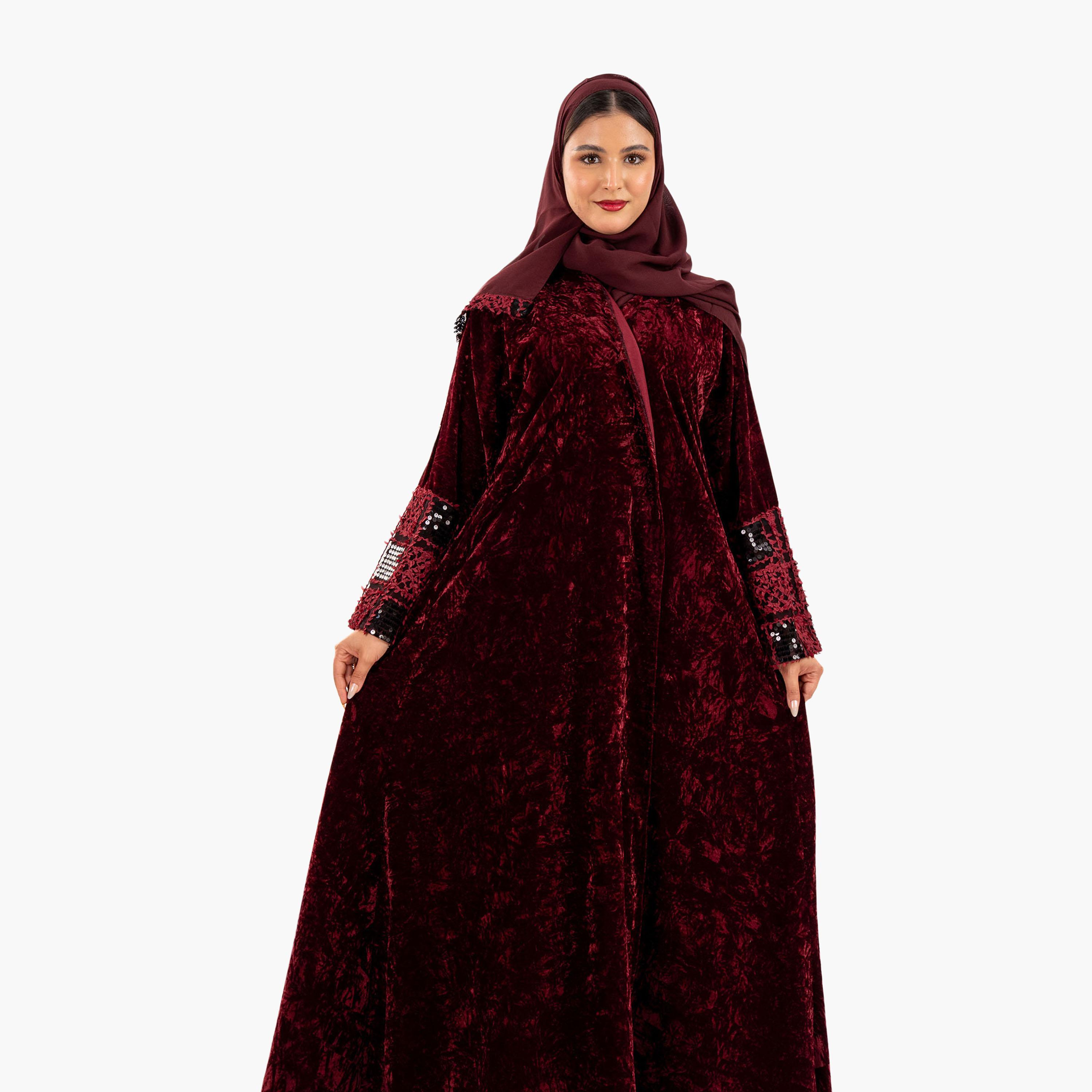 Zahiyh Textured Sequin Detailed Sleeves Evening Women's Abaya with Hijab-women-arabicclothing-abayas-image-2