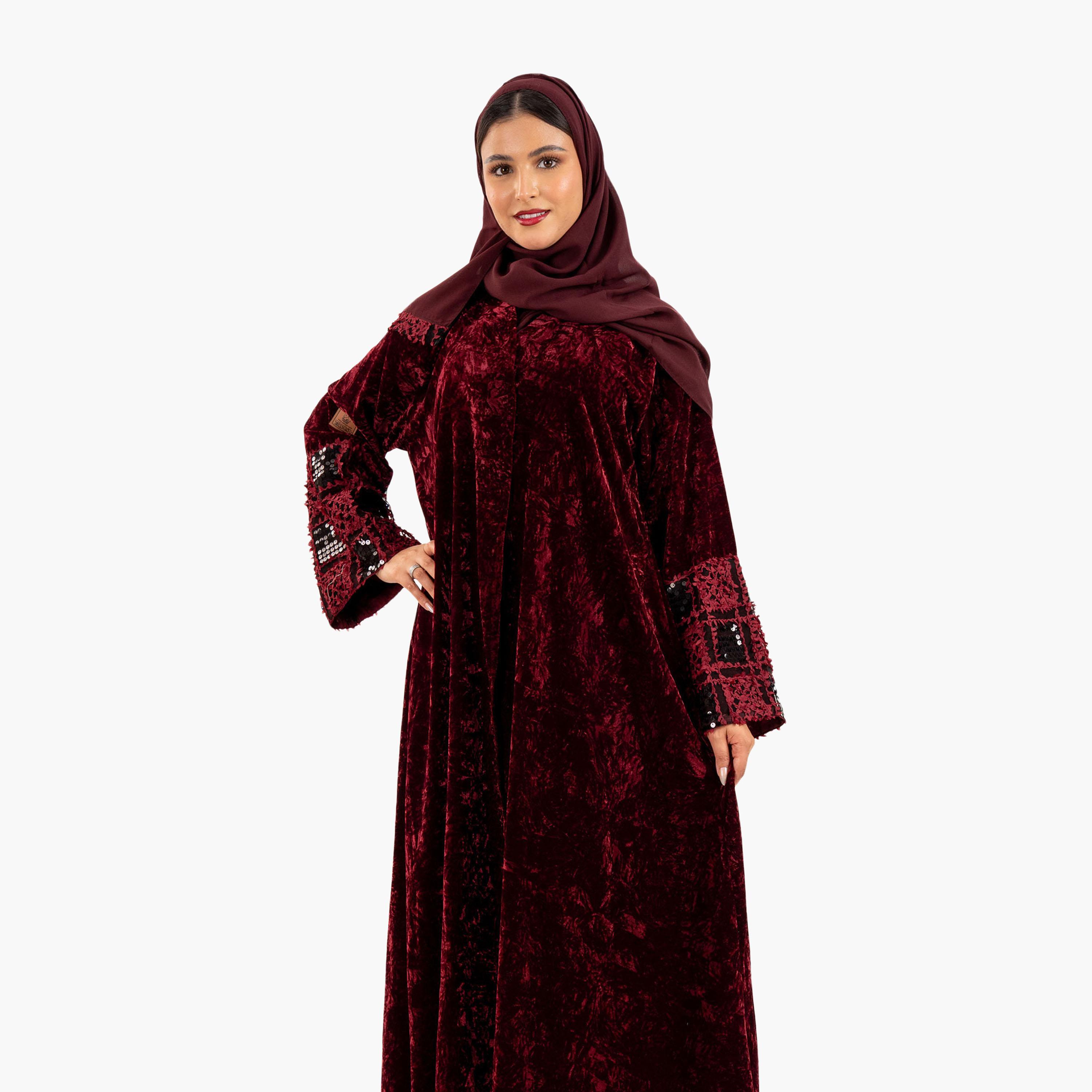 Zahiyh Textured Sequin Detailed Sleeves Evening Women's Abaya with Hijab-women-arabicclothing-abayas-image-3