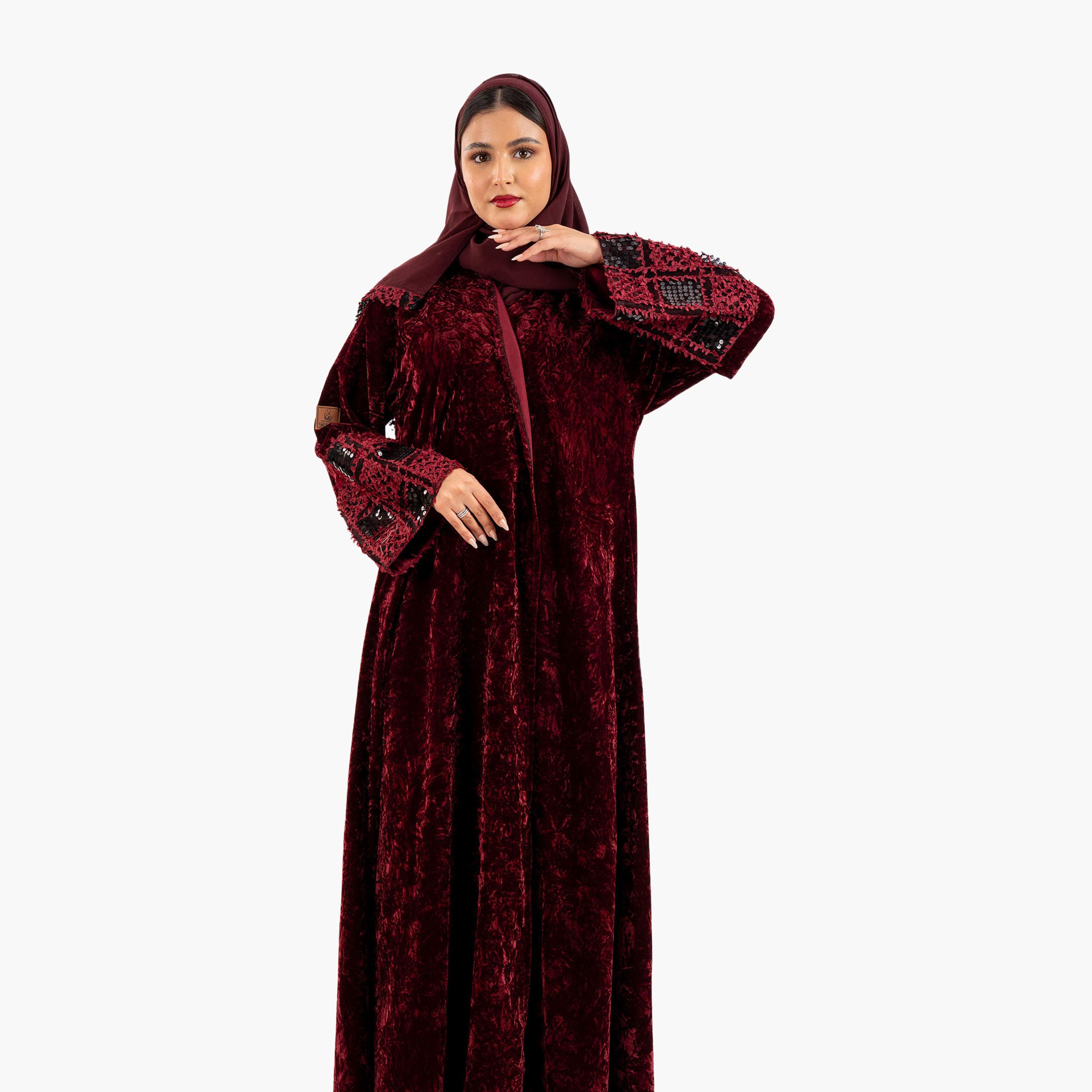 Zahiyh Textured Sequin Detailed Sleeves Evening Women's Abaya with Hijab-women-arabicclothing-abayas-image-4