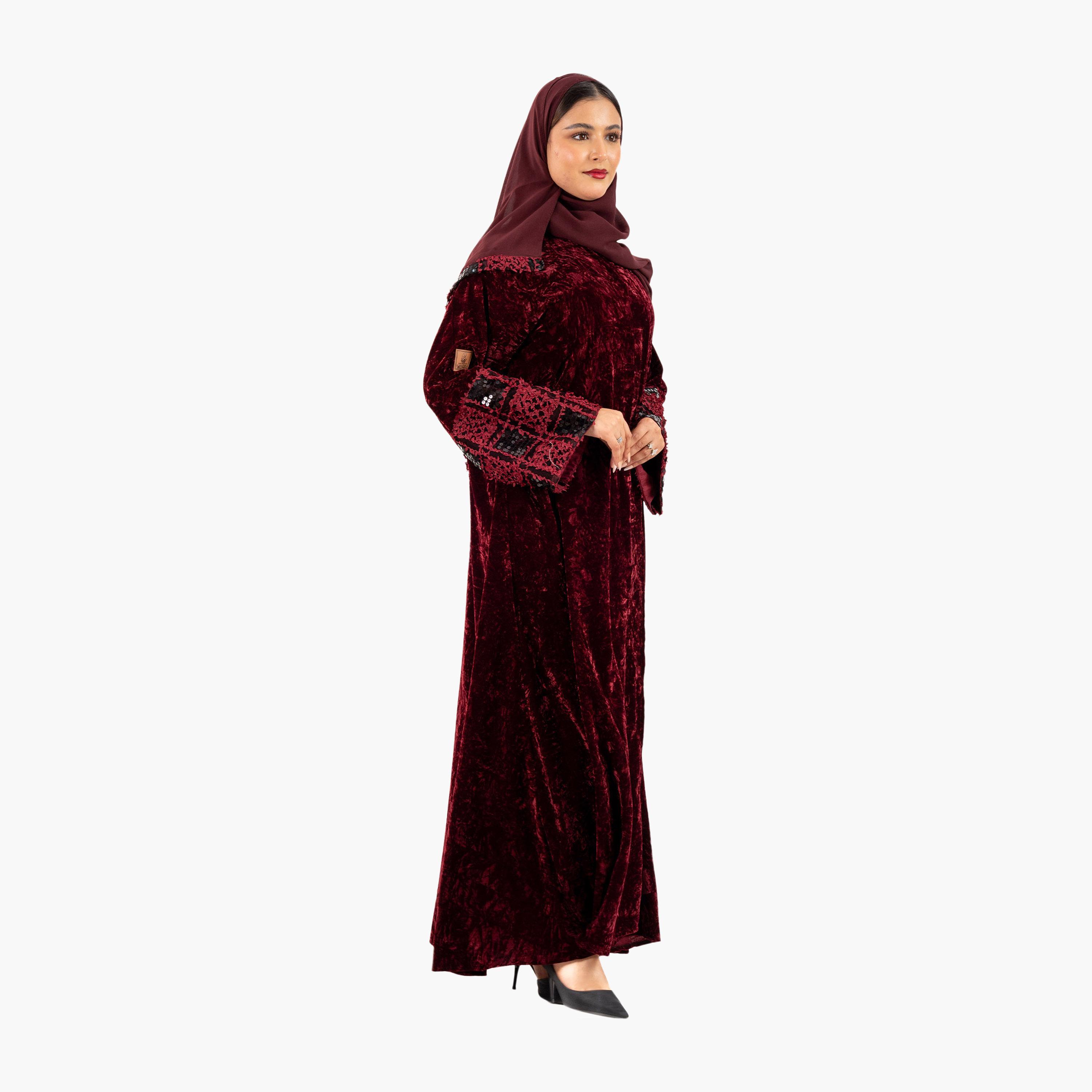 Zahiyh Textured Sequin Detailed Sleeves Evening Women's Abaya with Hijab-women-arabicclothing-abayas-image-5