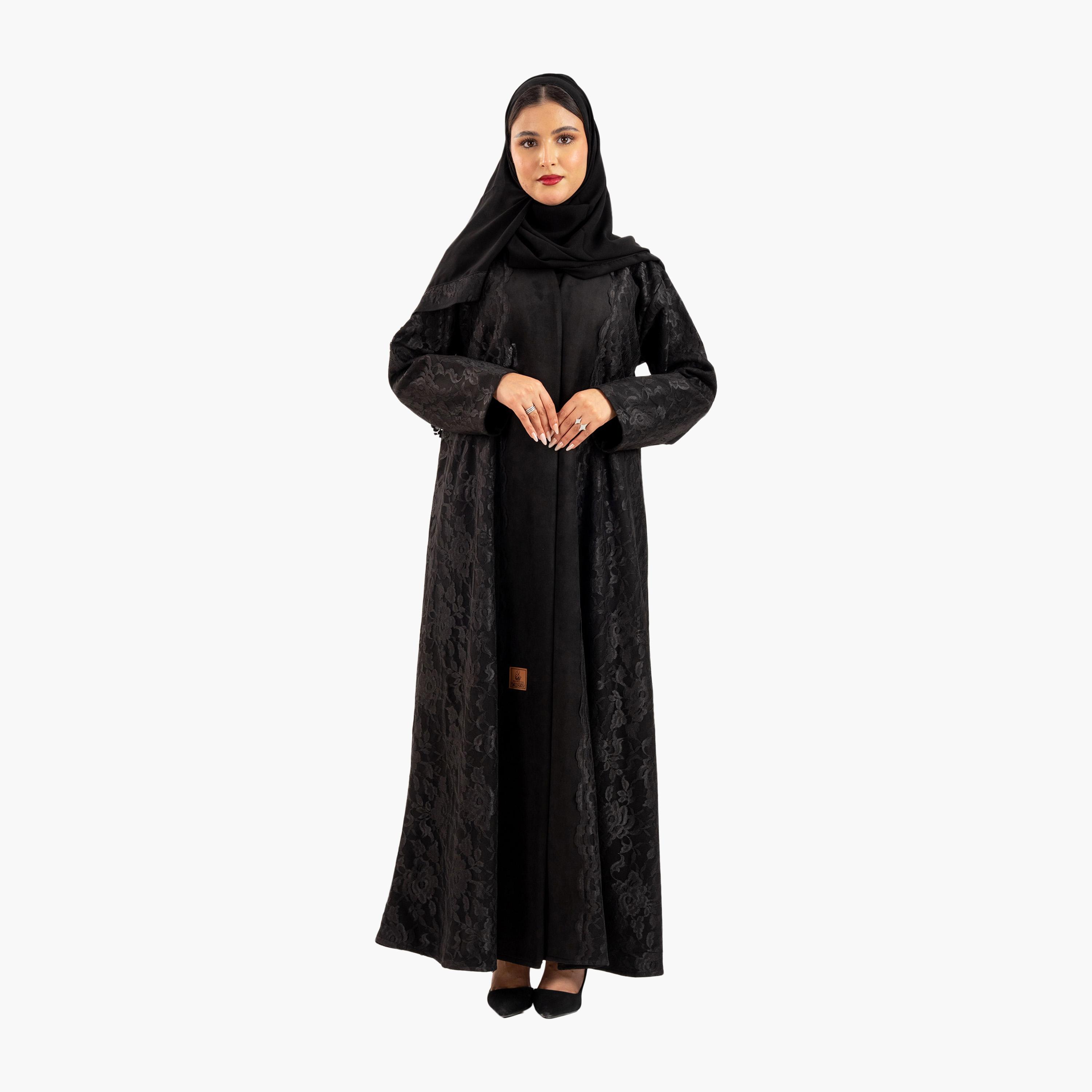 عباية نسائية سهرة سوداء مزينة بالدانتيل مع حجاب من زاهية-women-arabicclothing-abayas-image-1