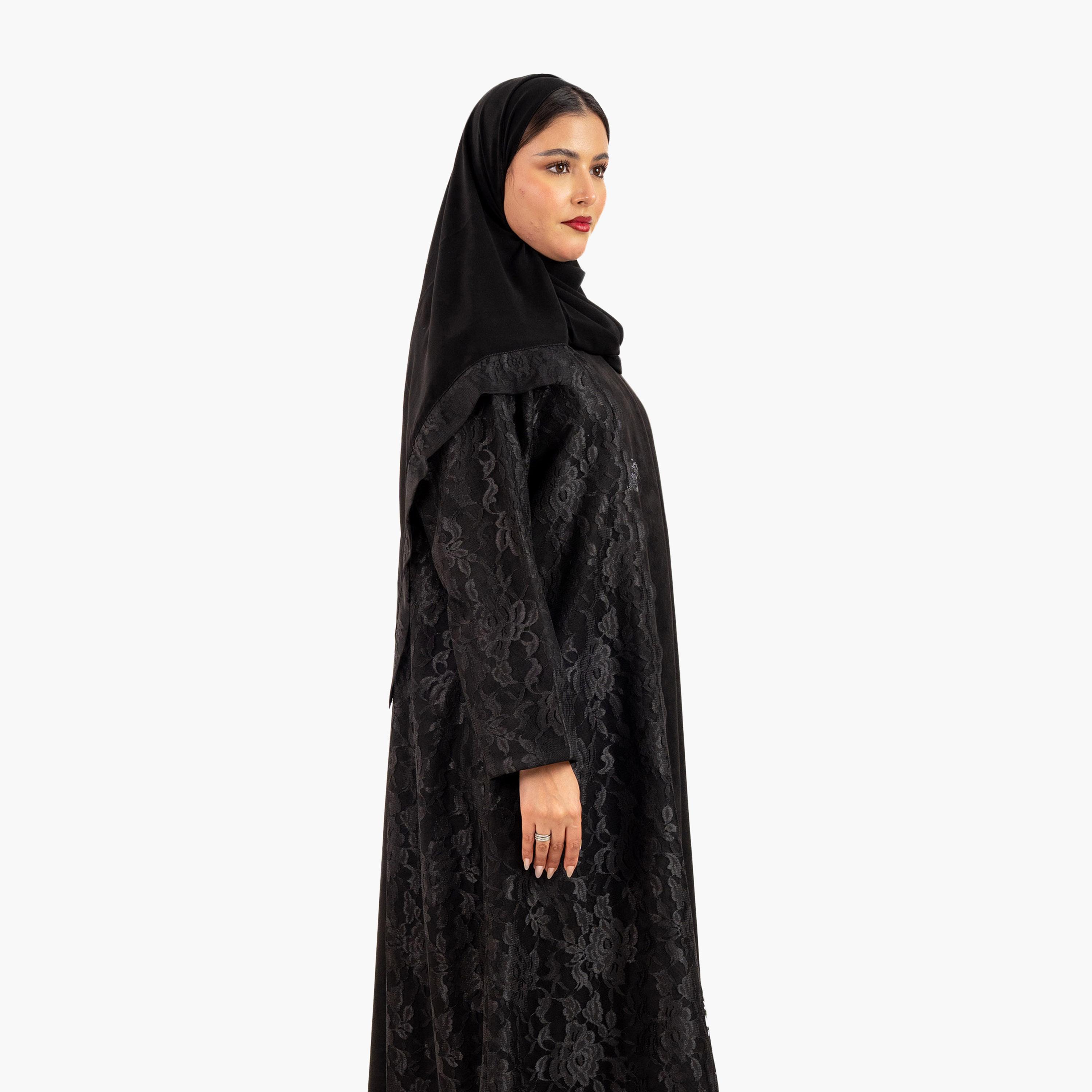 عباية نسائية سهرة سوداء مزينة بالدانتيل مع حجاب من زاهية-women-arabicclothing-abayas-image-2