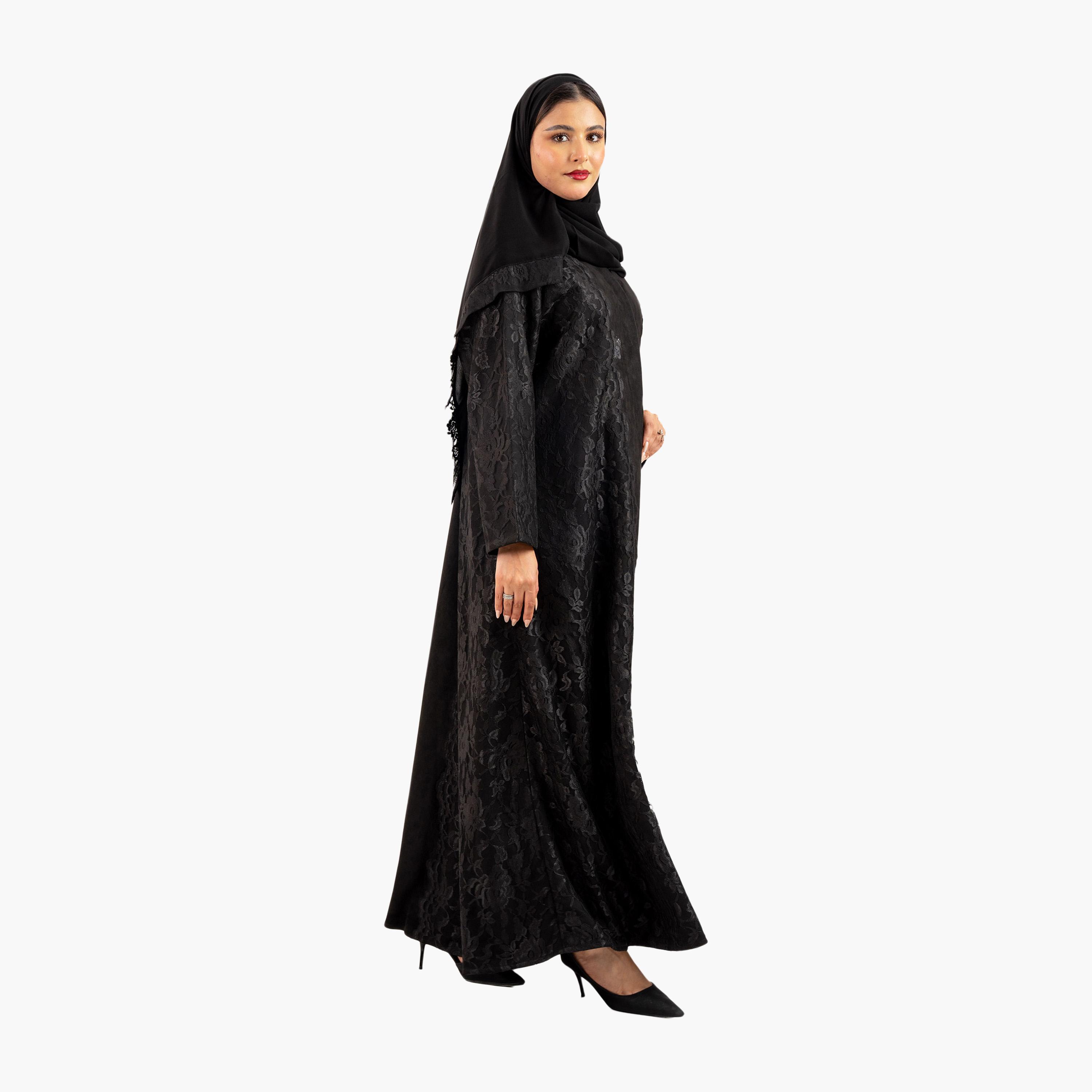 عباية نسائية سهرة سوداء مزينة بالدانتيل مع حجاب من زاهية-women-arabicclothing-abayas-image-4