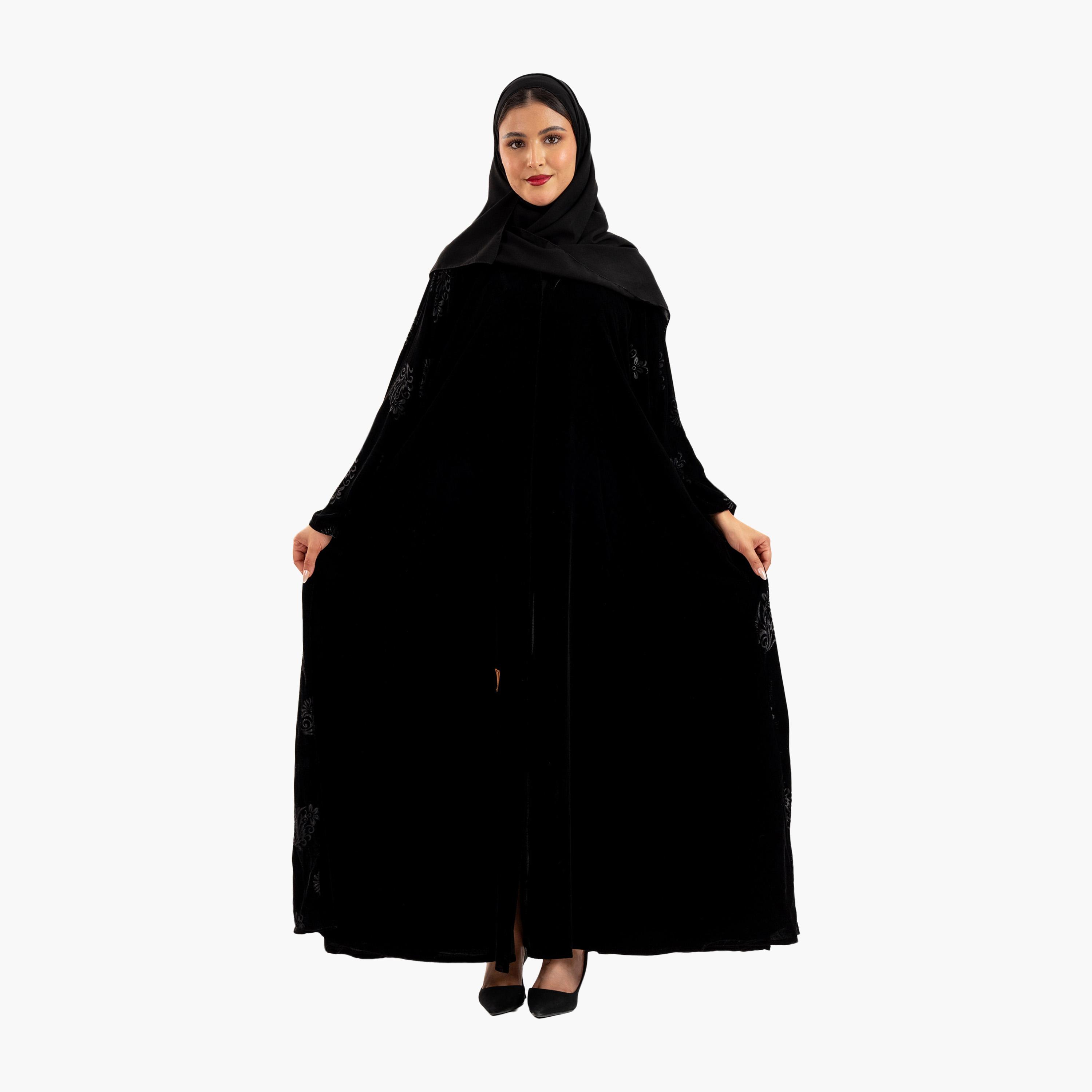 Zahiyh Black Ethnic Motifs Flared Style Women's Abaya with Hijab-women-arabicclothing-abayas-image-1