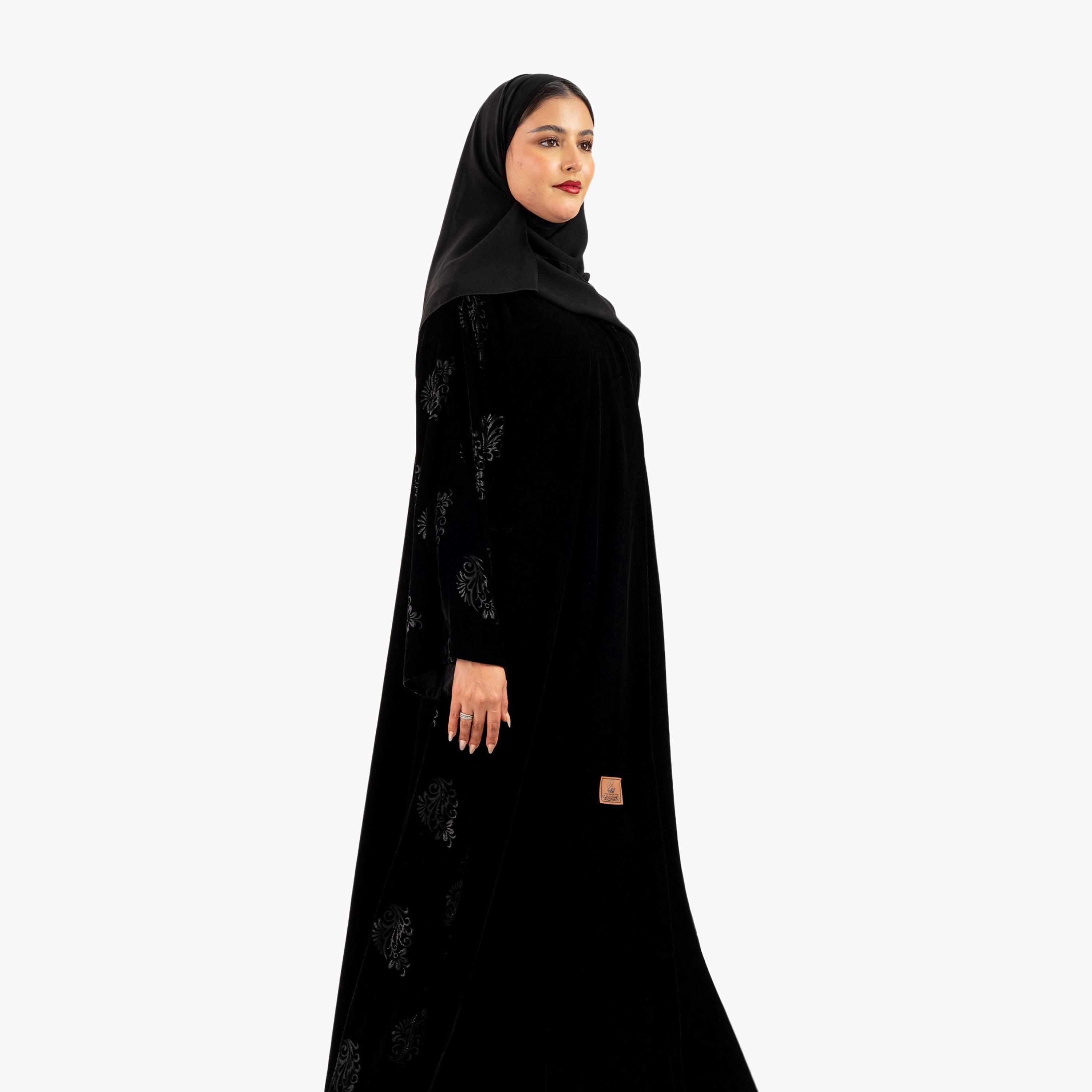 Zahiyh Black Ethnic Motifs Flared Style Women's Abaya with Hijab-women-arabicclothing-abayas-image-2