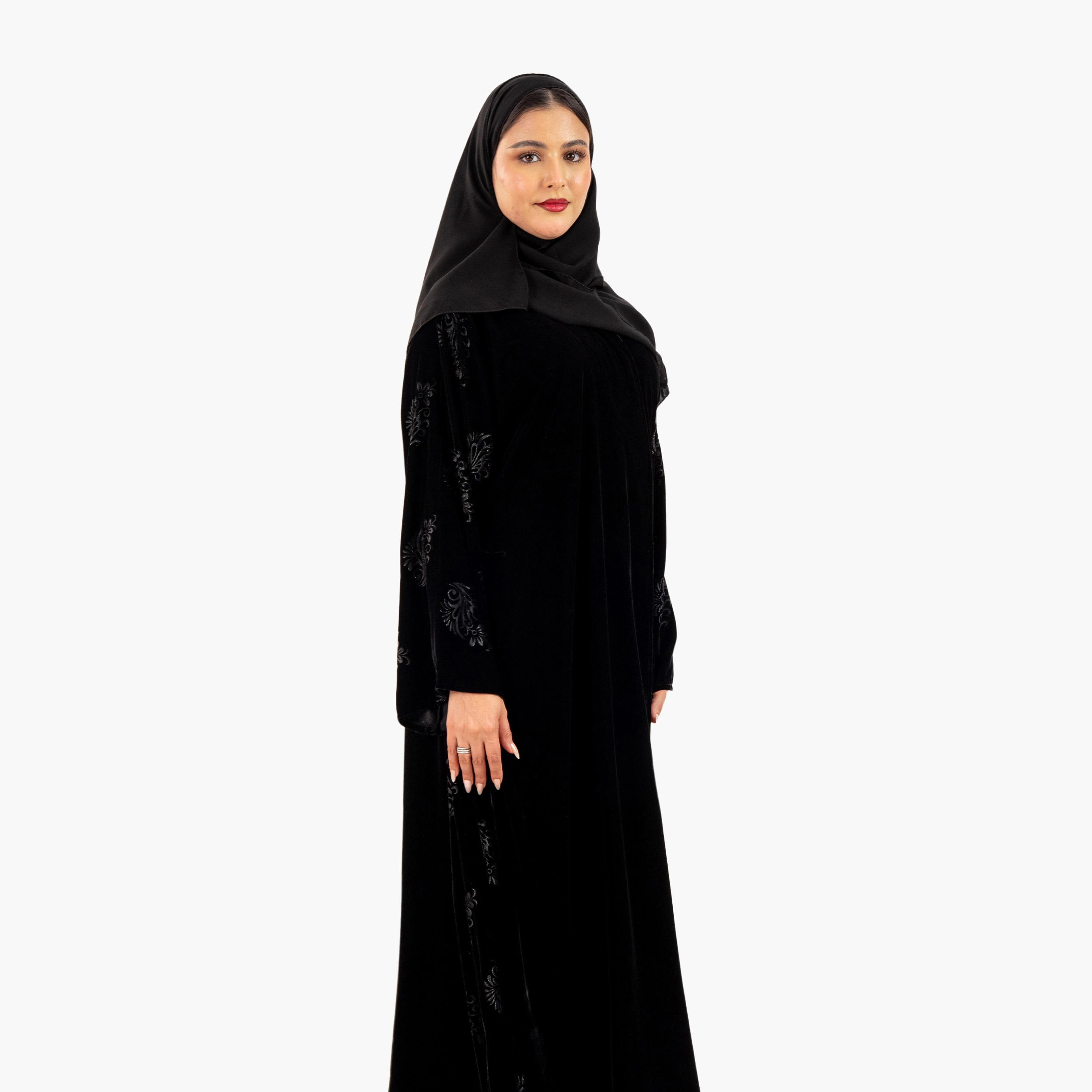 Zahiyh Black Ethnic Motifs Flared Style Women's Abaya with Hijab-women-arabicclothing-abayas-image-3
