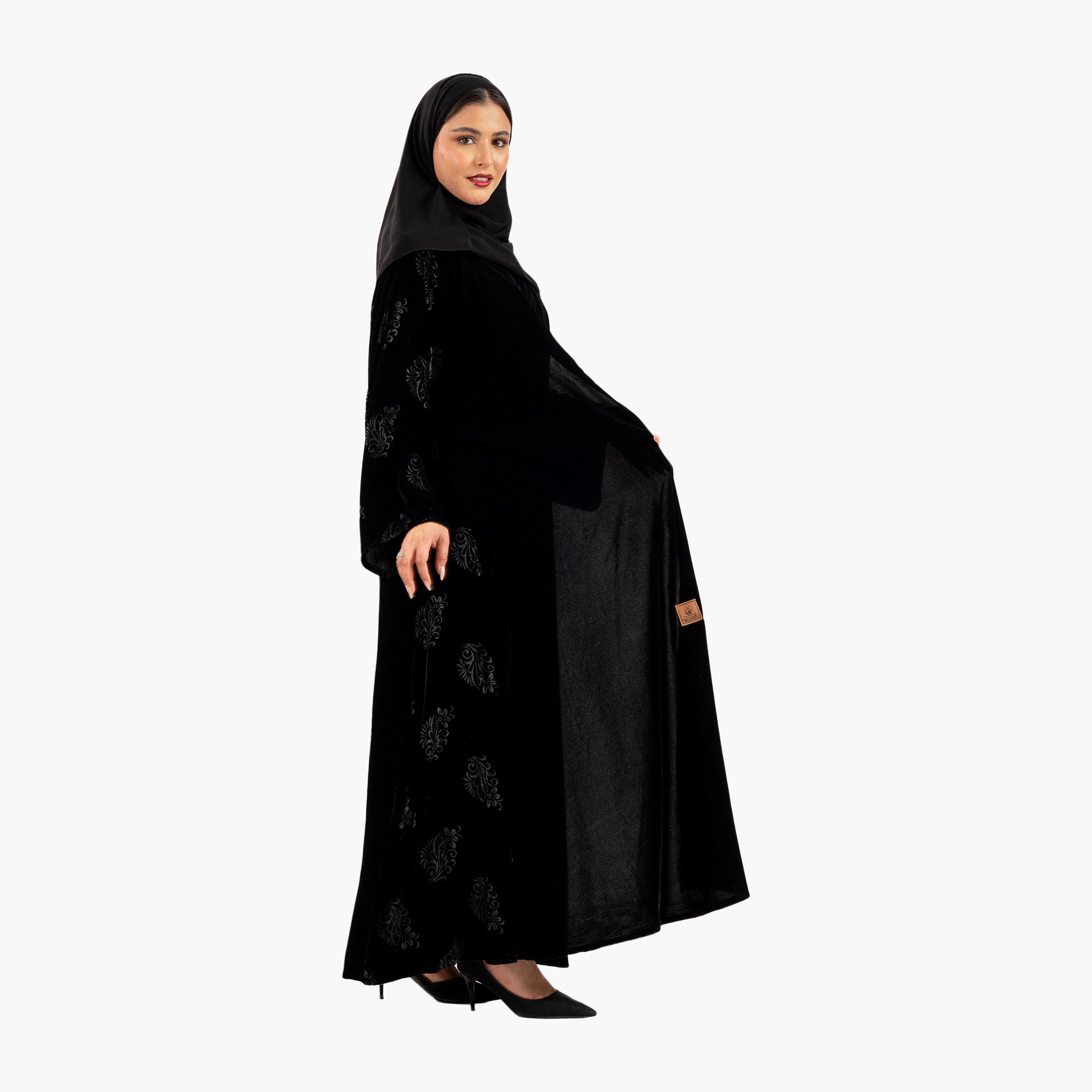 Zahiyh Black Ethnic Motifs Flared Style Women's Abaya with Hijab-women-arabicclothing-abayas-image-4