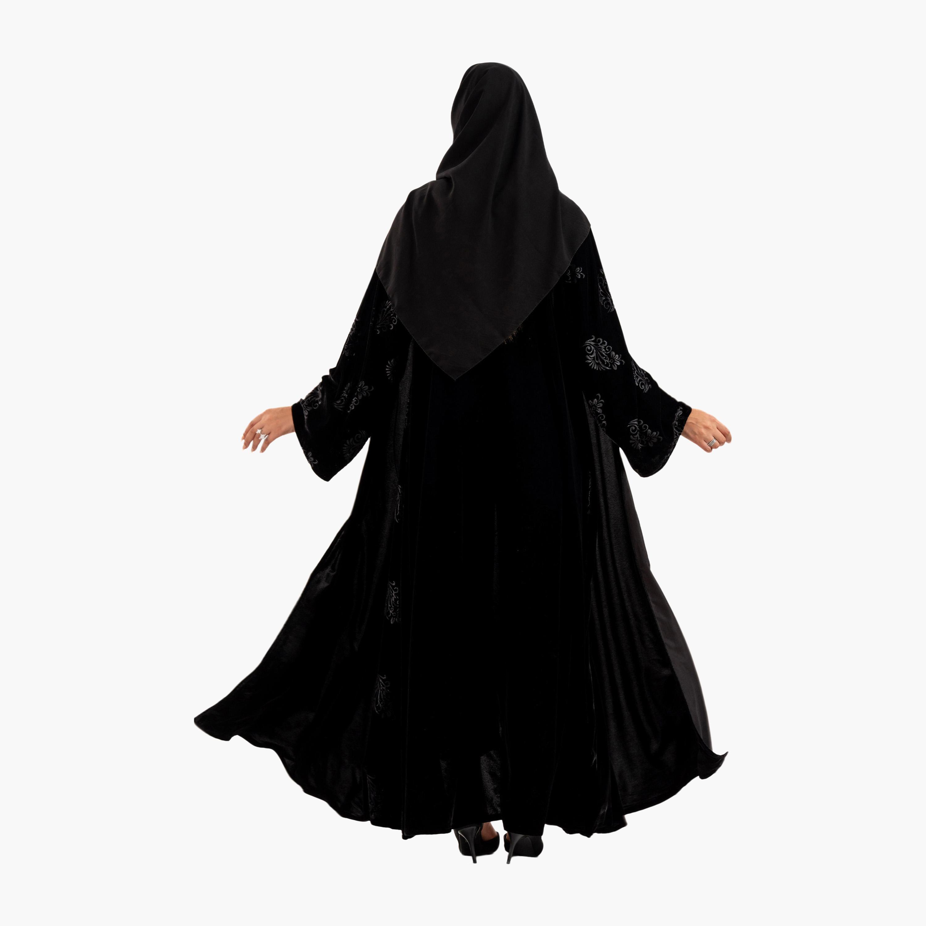 Zahiyh Black Ethnic Motifs Flared Style Women's Abaya with Hijab-women-arabicclothing-abayas-image-5