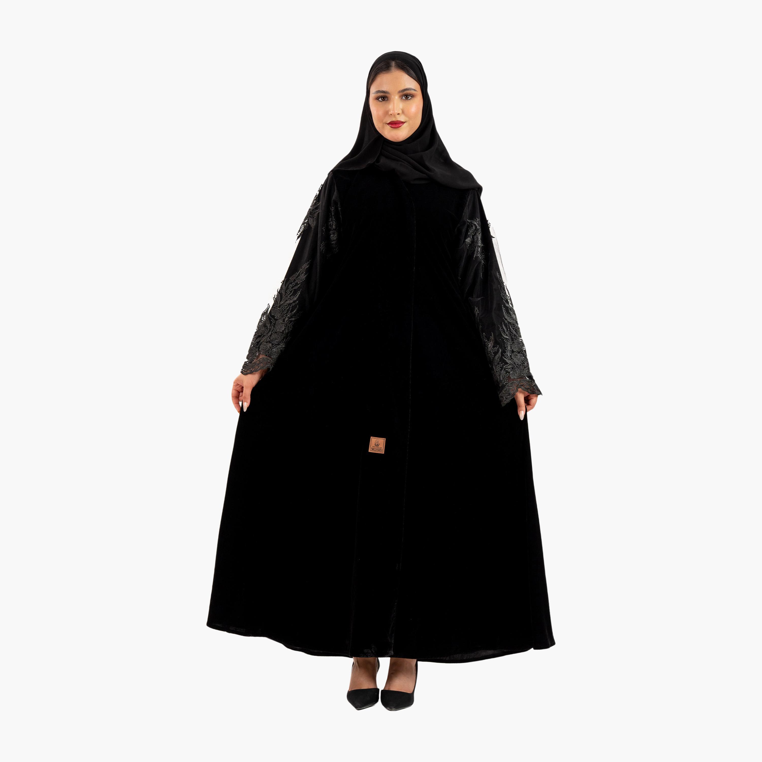 عباية نسائية مسائية بأكمام مطرزة بالورود مع حجاب من زاهية-women-arabicclothing-abayas-image-1