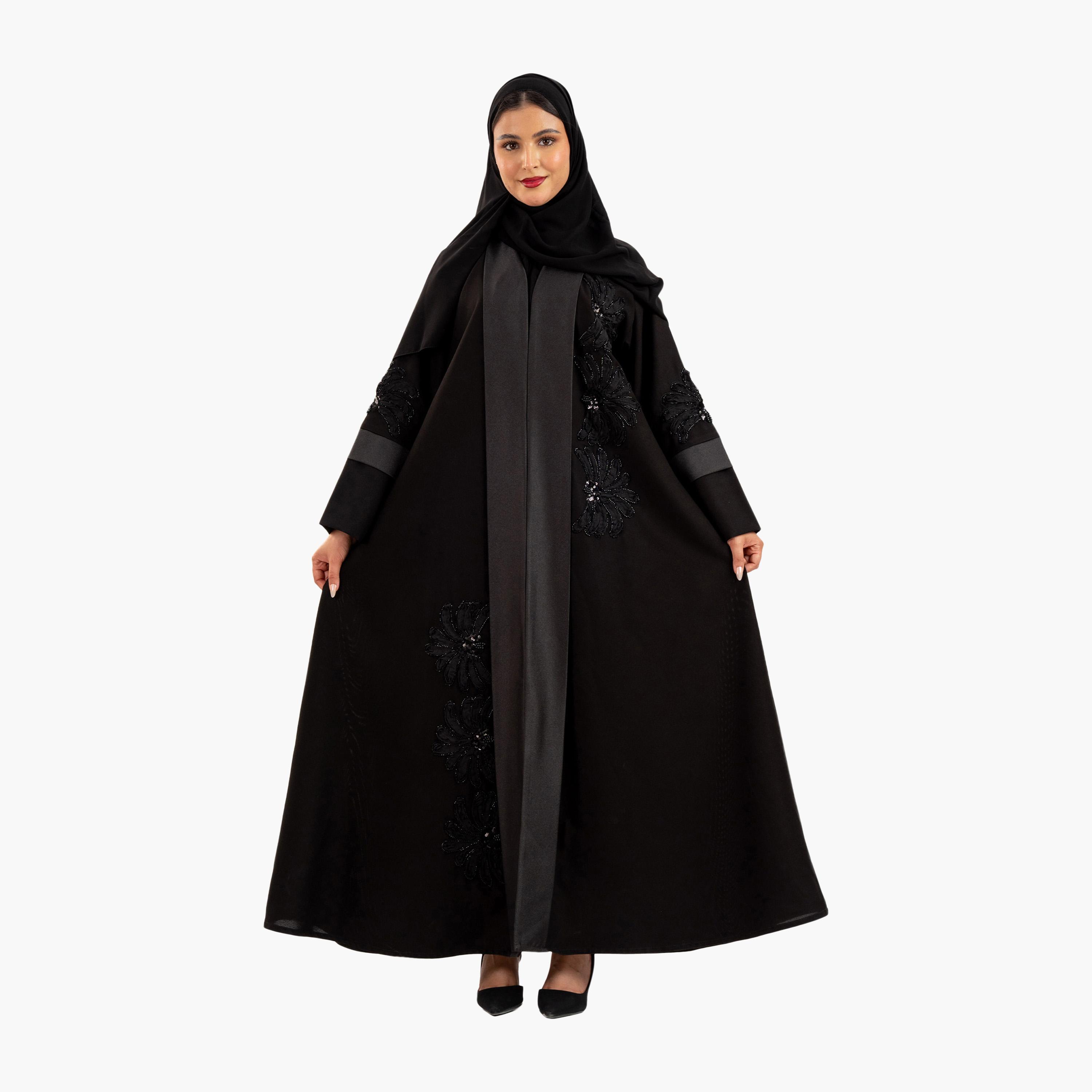 Zahiyh Black Beaded Wide Sleeves Evening Women's Abaya with Hijab-women-arabicclothing-abayas-image-1