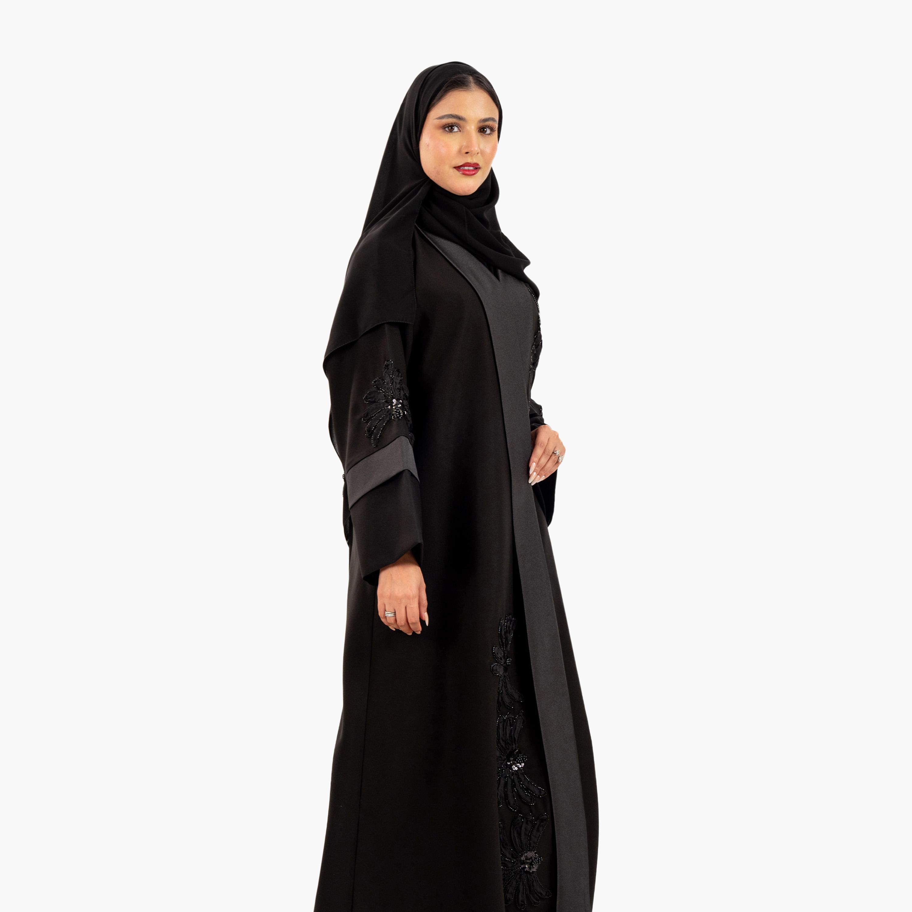 Zahiyh Black Beaded Wide Sleeves Evening Women's Abaya with Hijab-women-arabicclothing-abayas-image-2