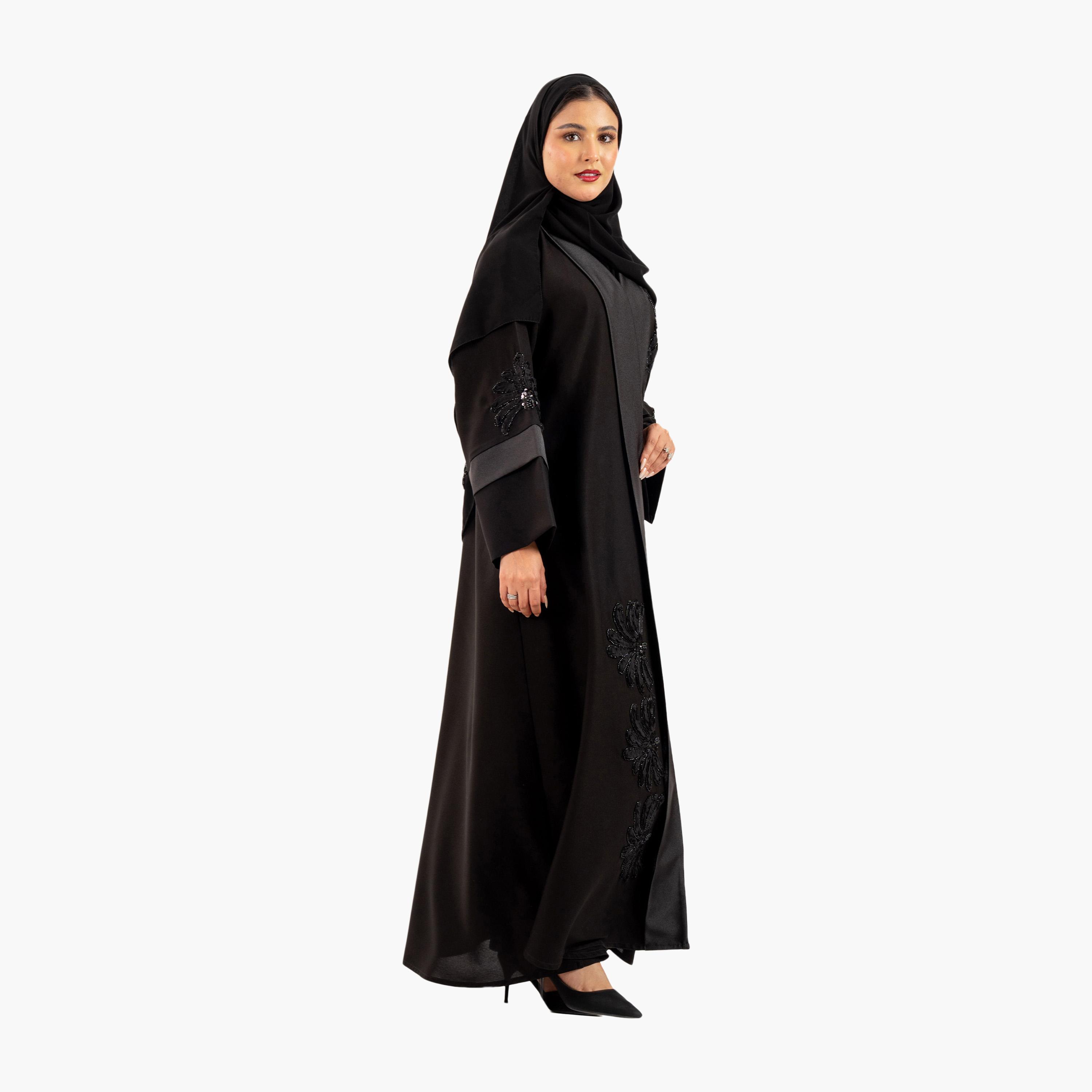 Zahiyh Black Beaded Wide Sleeves Evening Women's Abaya with Hijab-women-arabicclothing-abayas-image-4