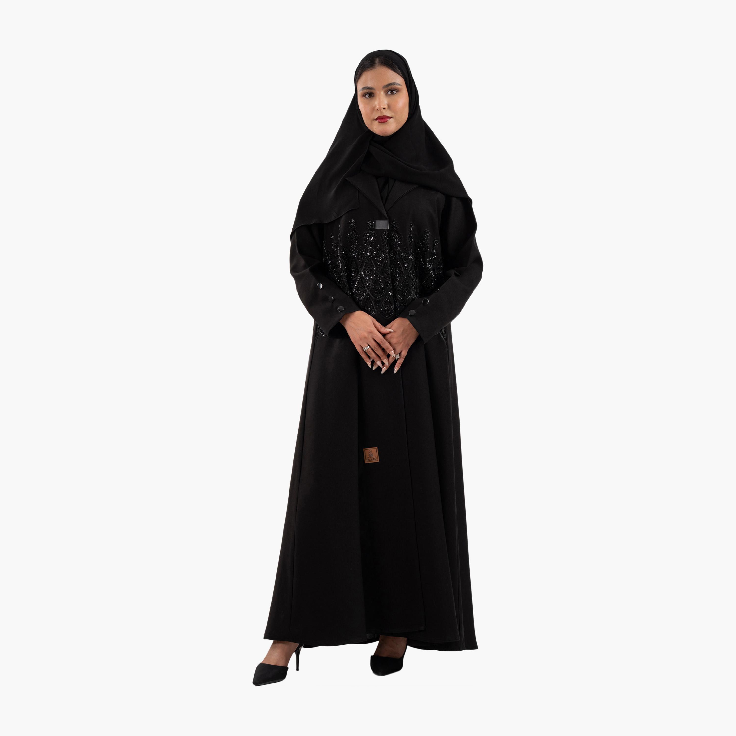 عباية سهرة نسائية سوداء مطرزة بالخرز مع ياقة على شكل سترة وحجاب من زاهية-women-arabicclothing-abayas-image-1