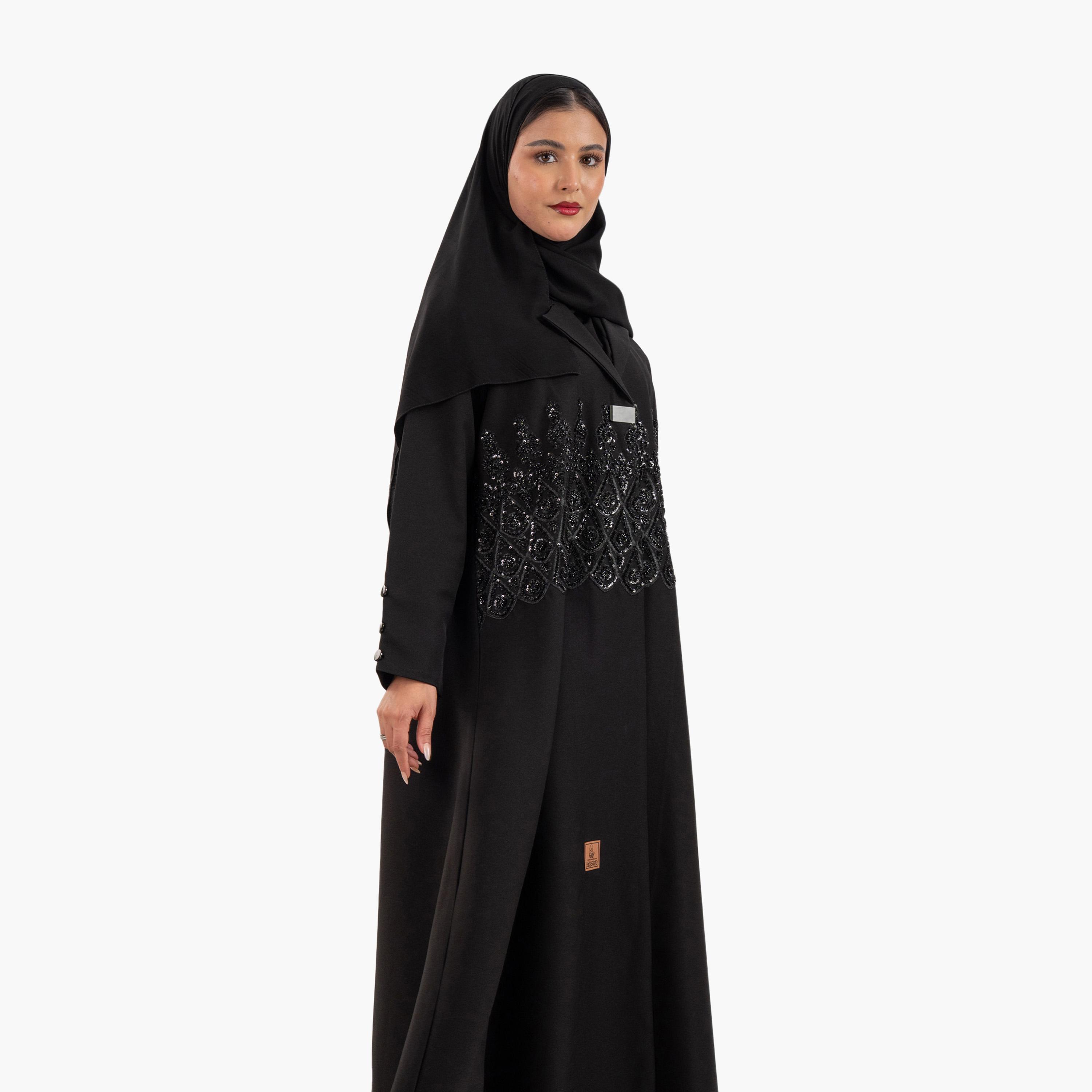 عباية سهرة نسائية سوداء مطرزة بالخرز مع ياقة على شكل سترة وحجاب من زاهية-women-arabicclothing-abayas-image-2
