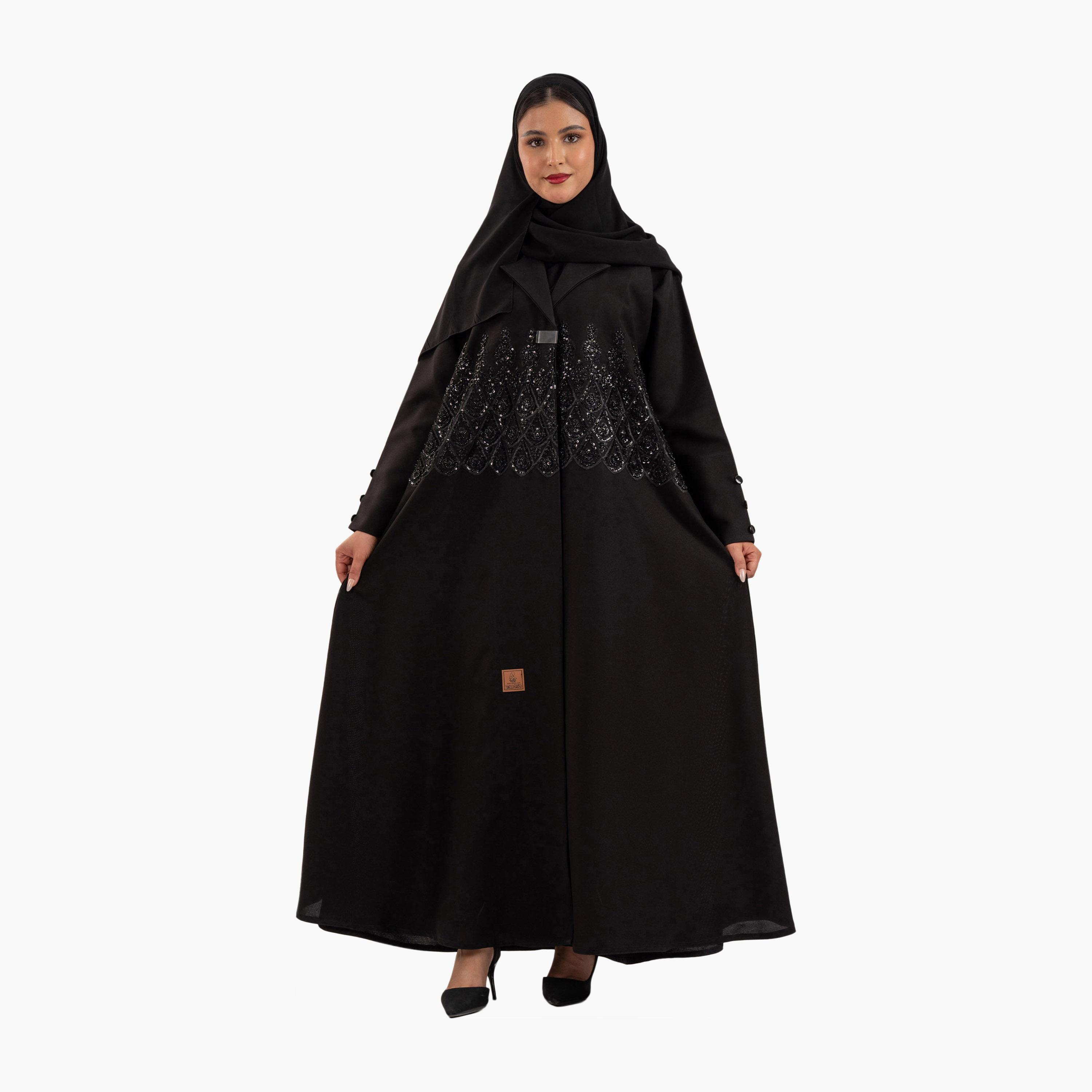 عباية سهرة نسائية سوداء مطرزة بالخرز مع ياقة على شكل سترة وحجاب من زاهية-women-arabicclothing-abayas-image-3