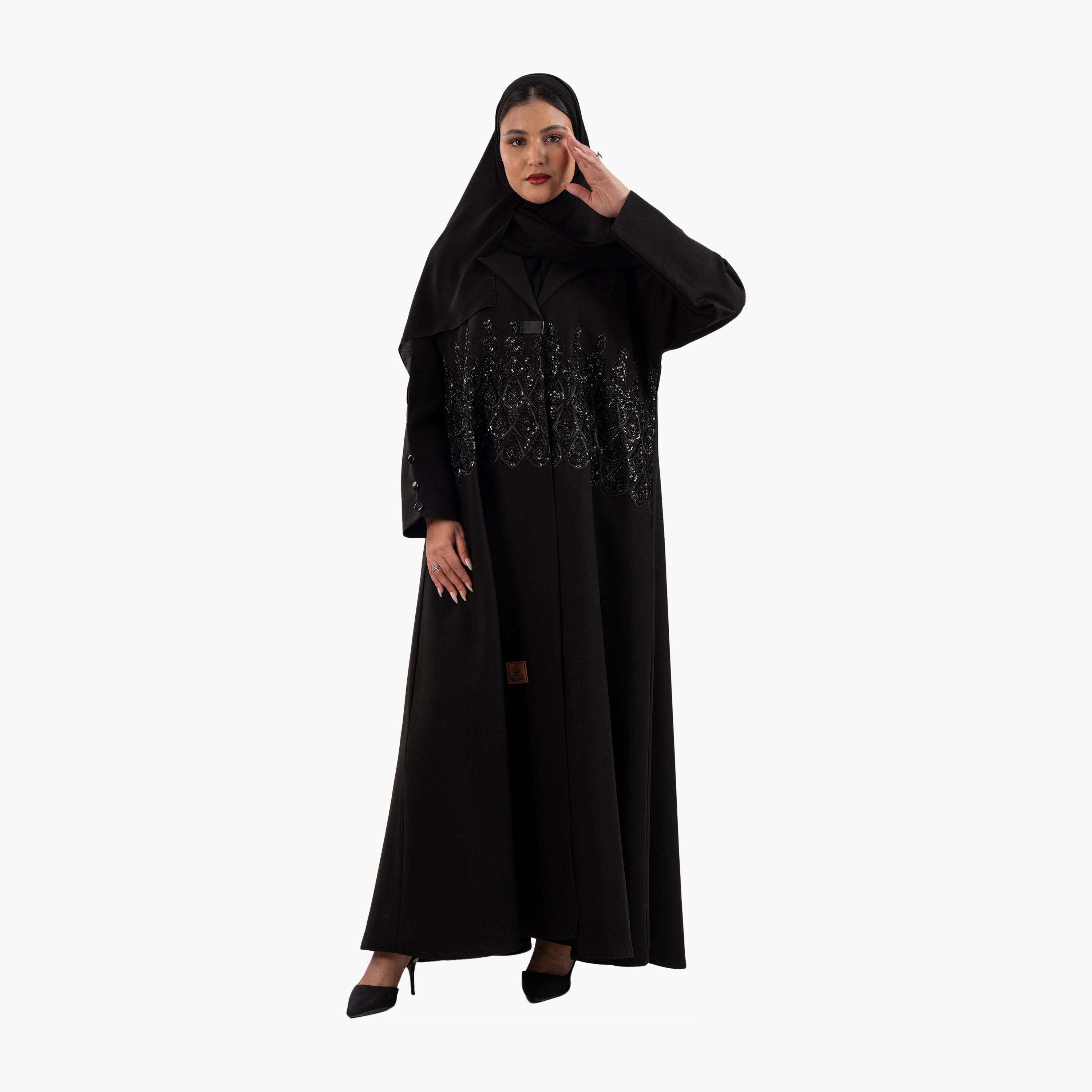 عباية سهرة نسائية سوداء مطرزة بالخرز مع ياقة على شكل سترة وحجاب من زاهية-women-arabicclothing-abayas-image-4