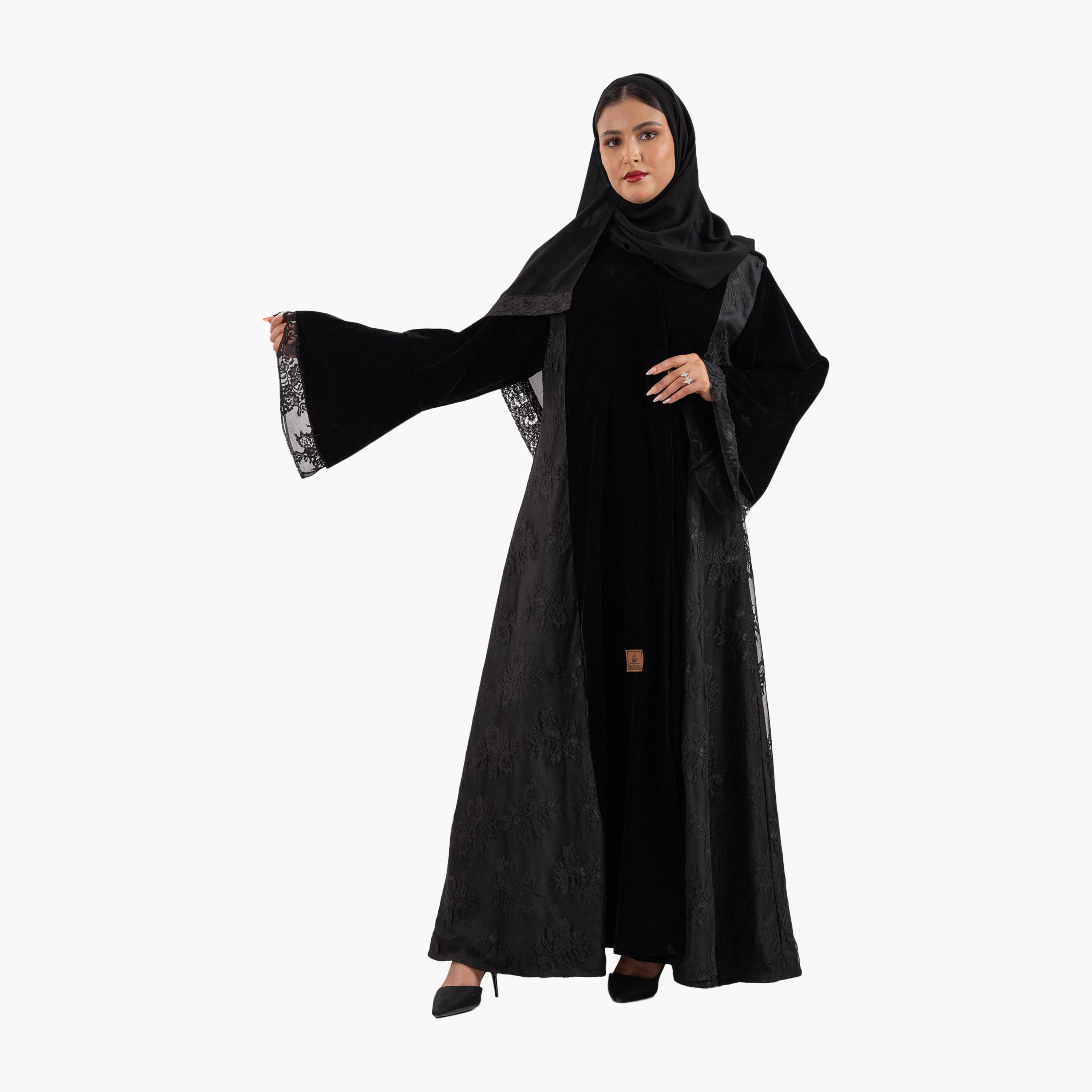 عباية نسائية سهرة سوداء بأكمام جرس من الدانتيل المزهر مع حجاب من زاهية-women-arabicclothing-abayas-image-1