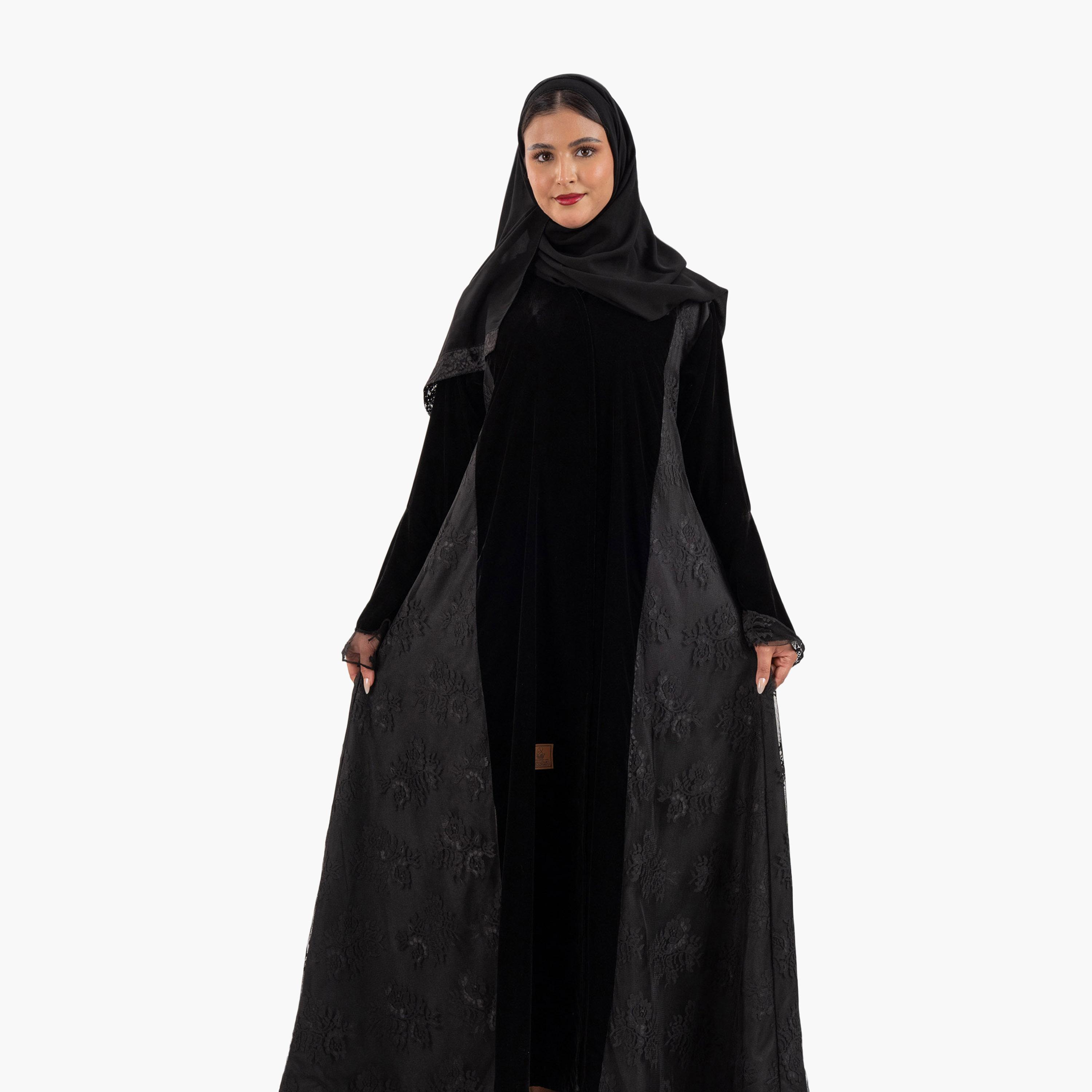 عباية نسائية سهرة سوداء بأكمام جرس من الدانتيل المزهر مع حجاب من زاهية-women-arabicclothing-abayas-image-2