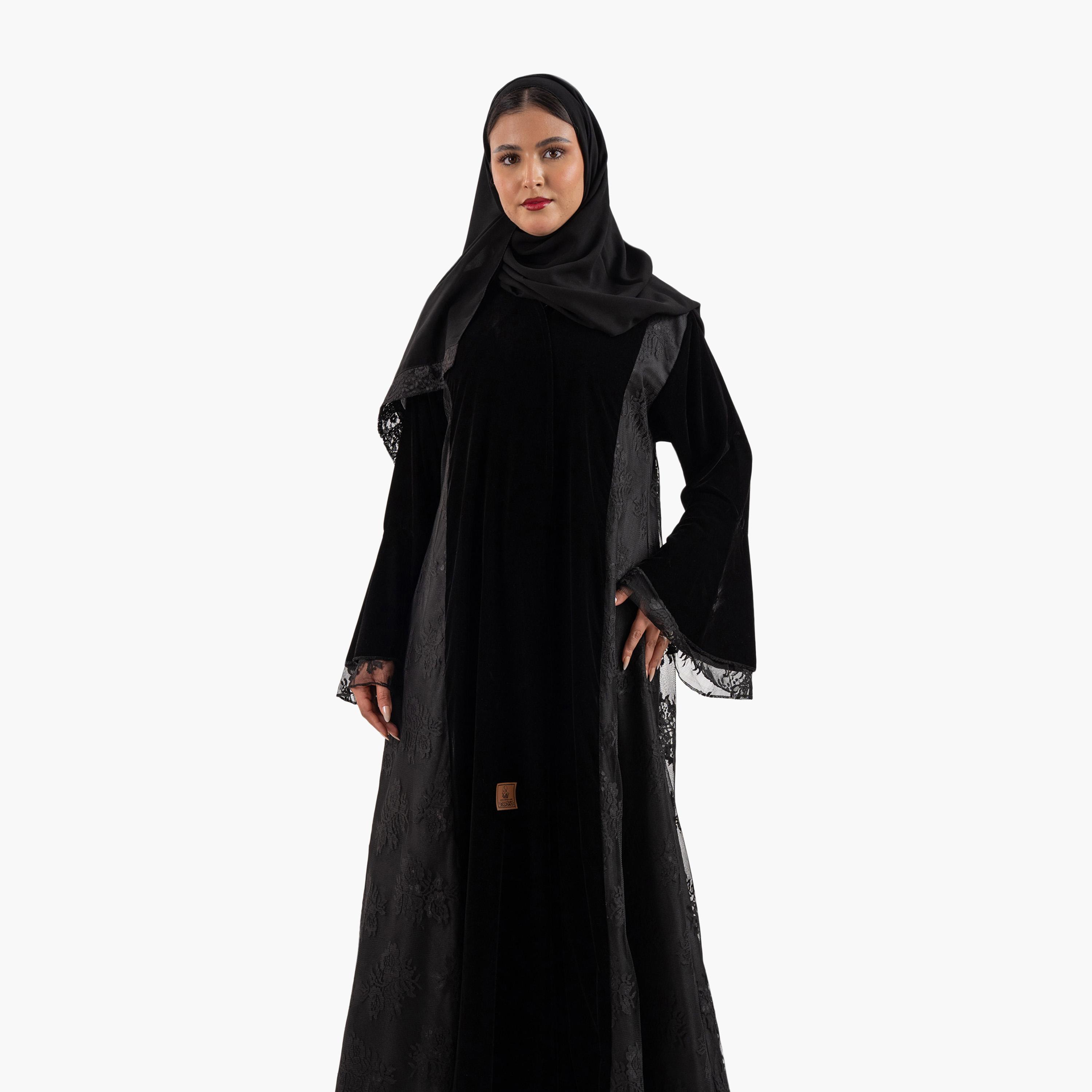 عباية نسائية سهرة سوداء بأكمام جرس من الدانتيل المزهر مع حجاب من زاهية-women-arabicclothing-abayas-image-3