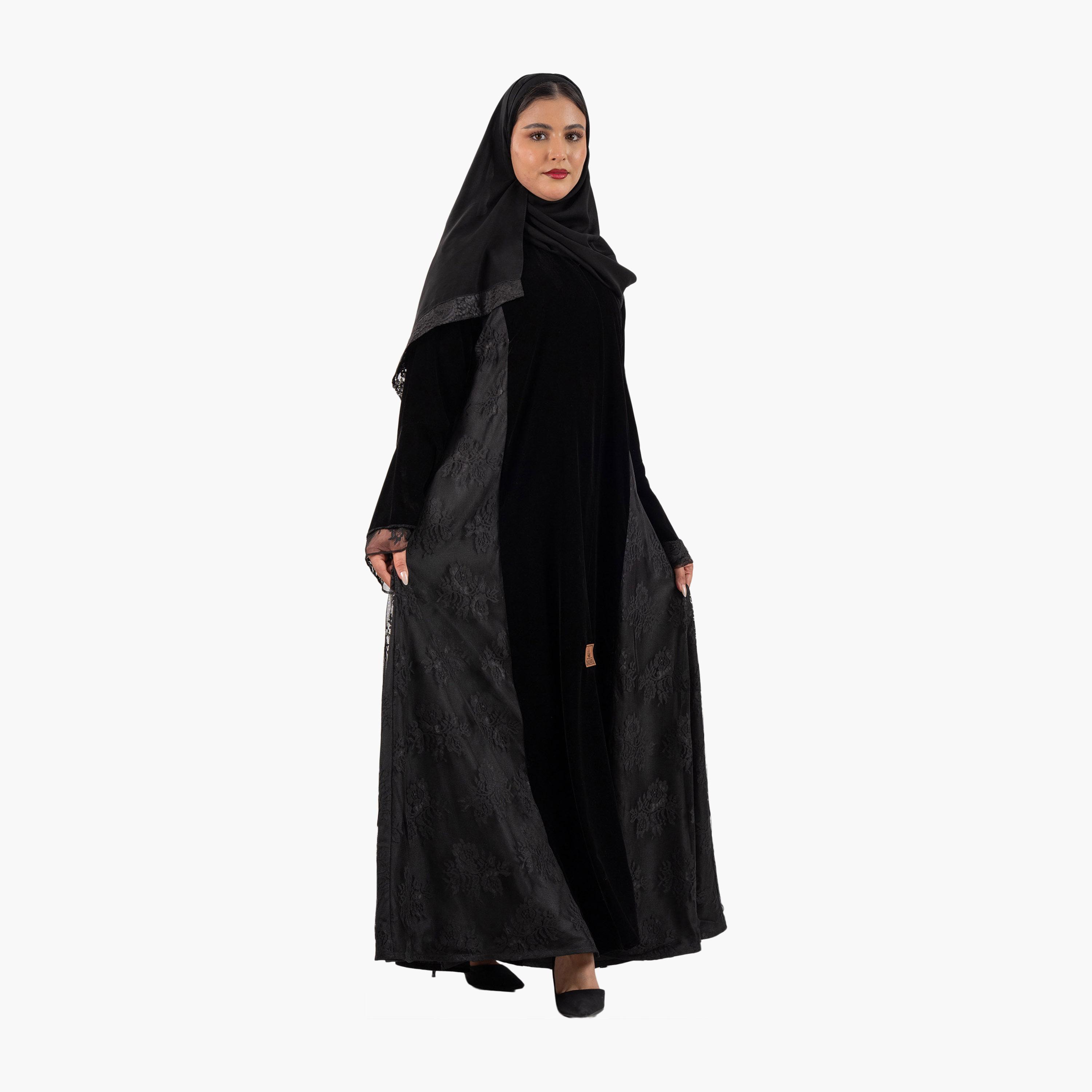 عباية نسائية سهرة سوداء بأكمام جرس من الدانتيل المزهر مع حجاب من زاهية-women-arabicclothing-abayas-image-4