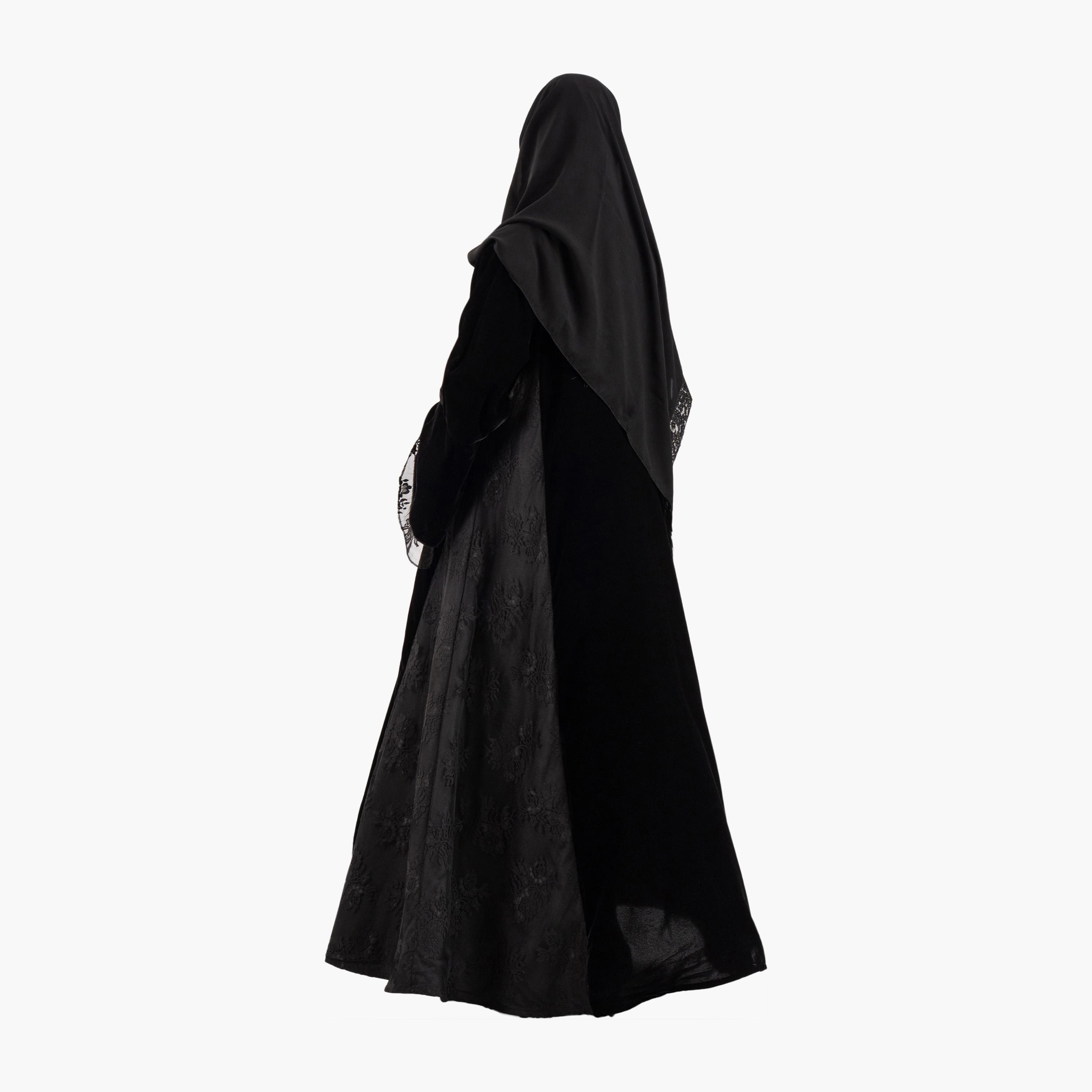 عباية نسائية سهرة سوداء بأكمام جرس من الدانتيل المزهر مع حجاب من زاهية-women-arabicclothing-abayas-image-5