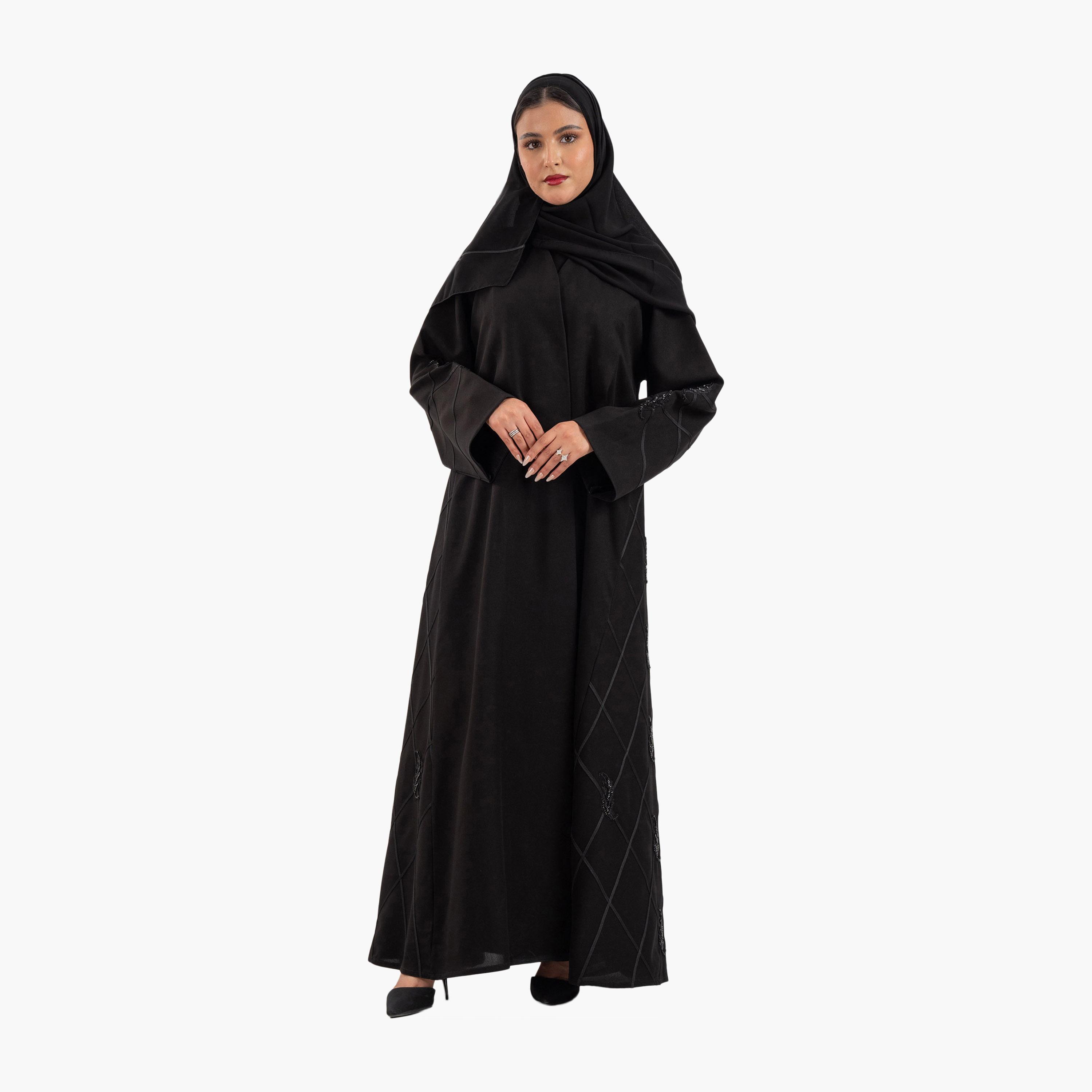 عباية نسائية سوداء مخططة بأكمام واسعة مع حجاب من زاهية-women-arabicclothing-abayas-image-1