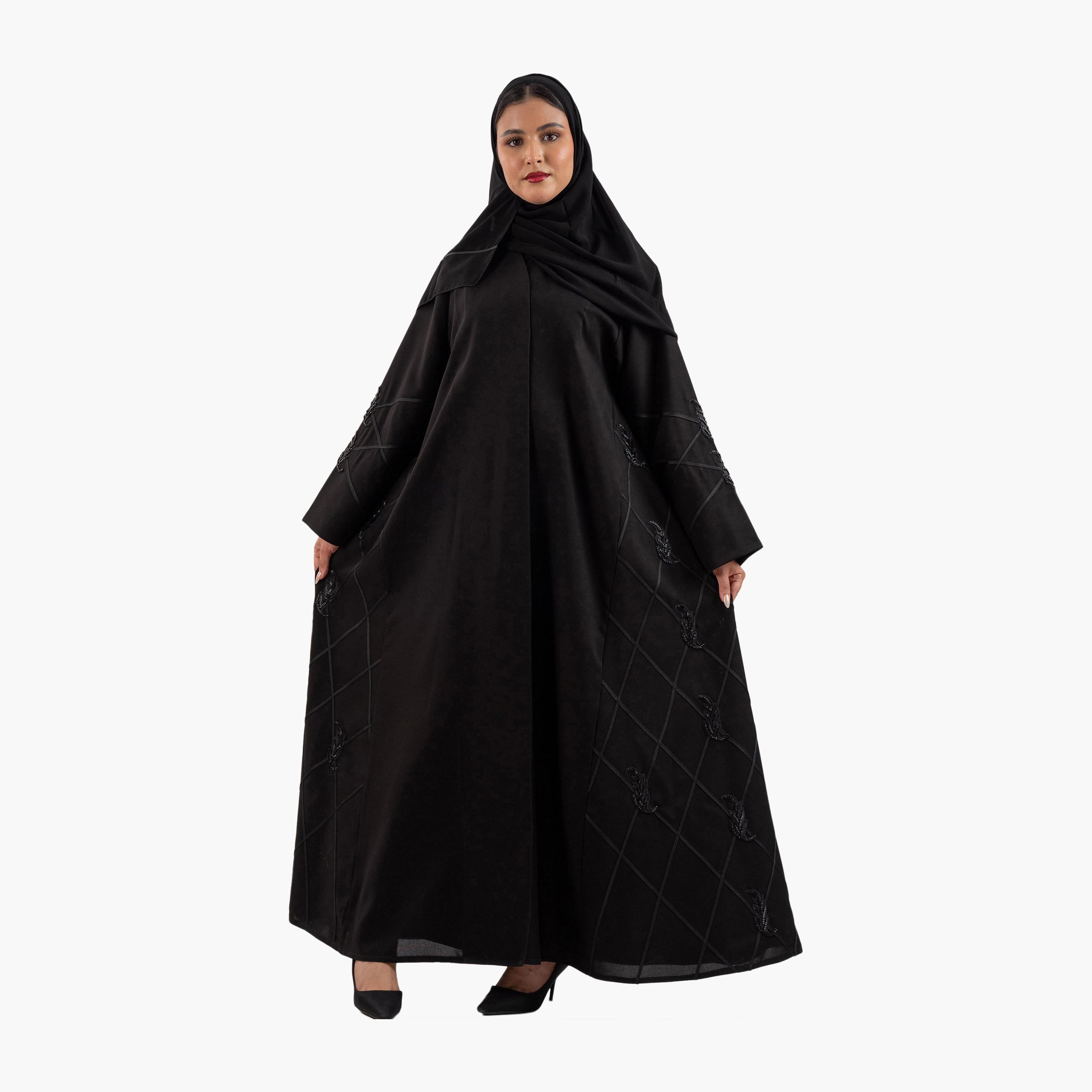 عباية نسائية سوداء مخططة بأكمام واسعة مع حجاب من زاهية-women-arabicclothing-abayas-image-3