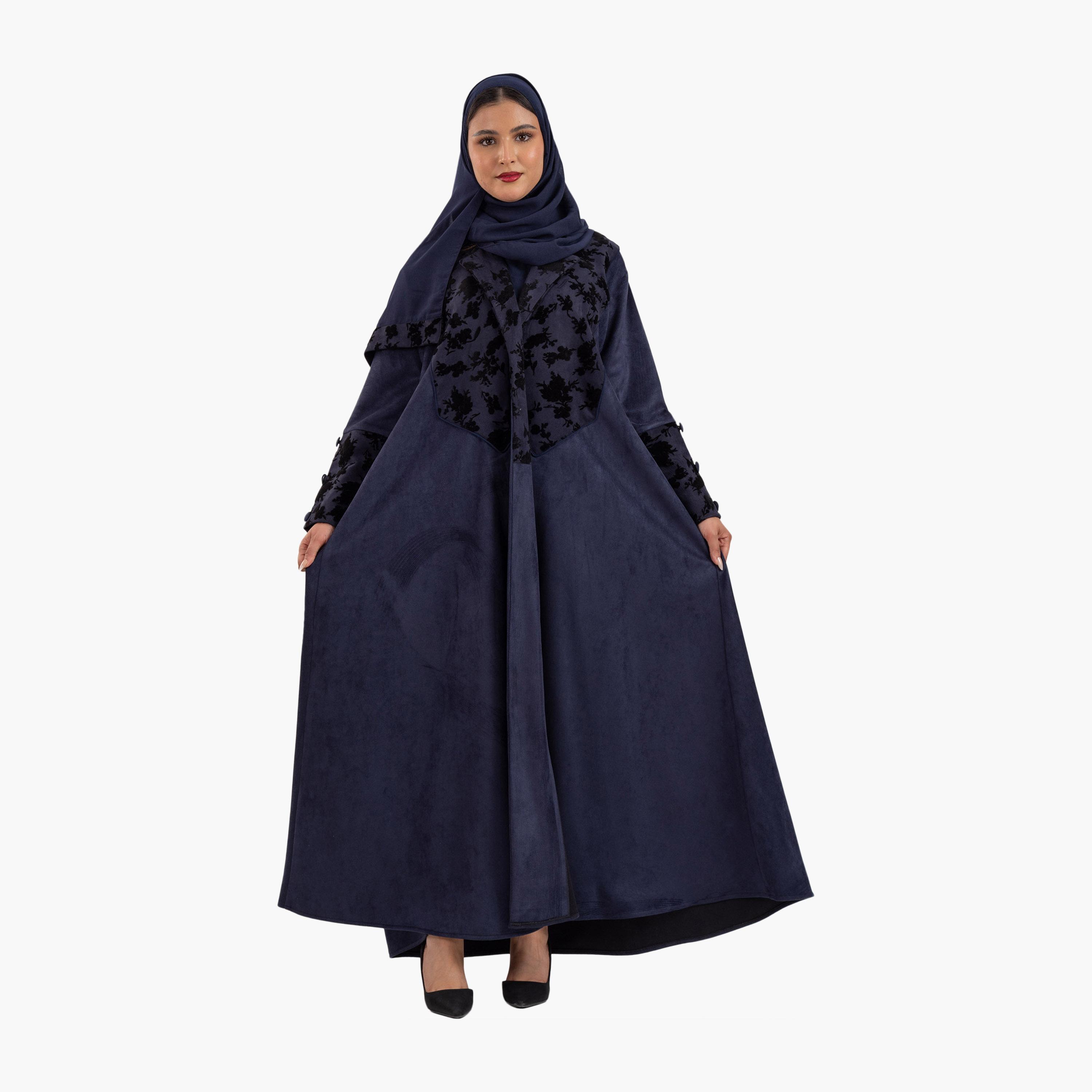 Zahiyh Navy Blue Colour-Blocked Lapel Collar Blazer Style Women's Abaya with Hijab-women-arabicclothing-abayas-image-1