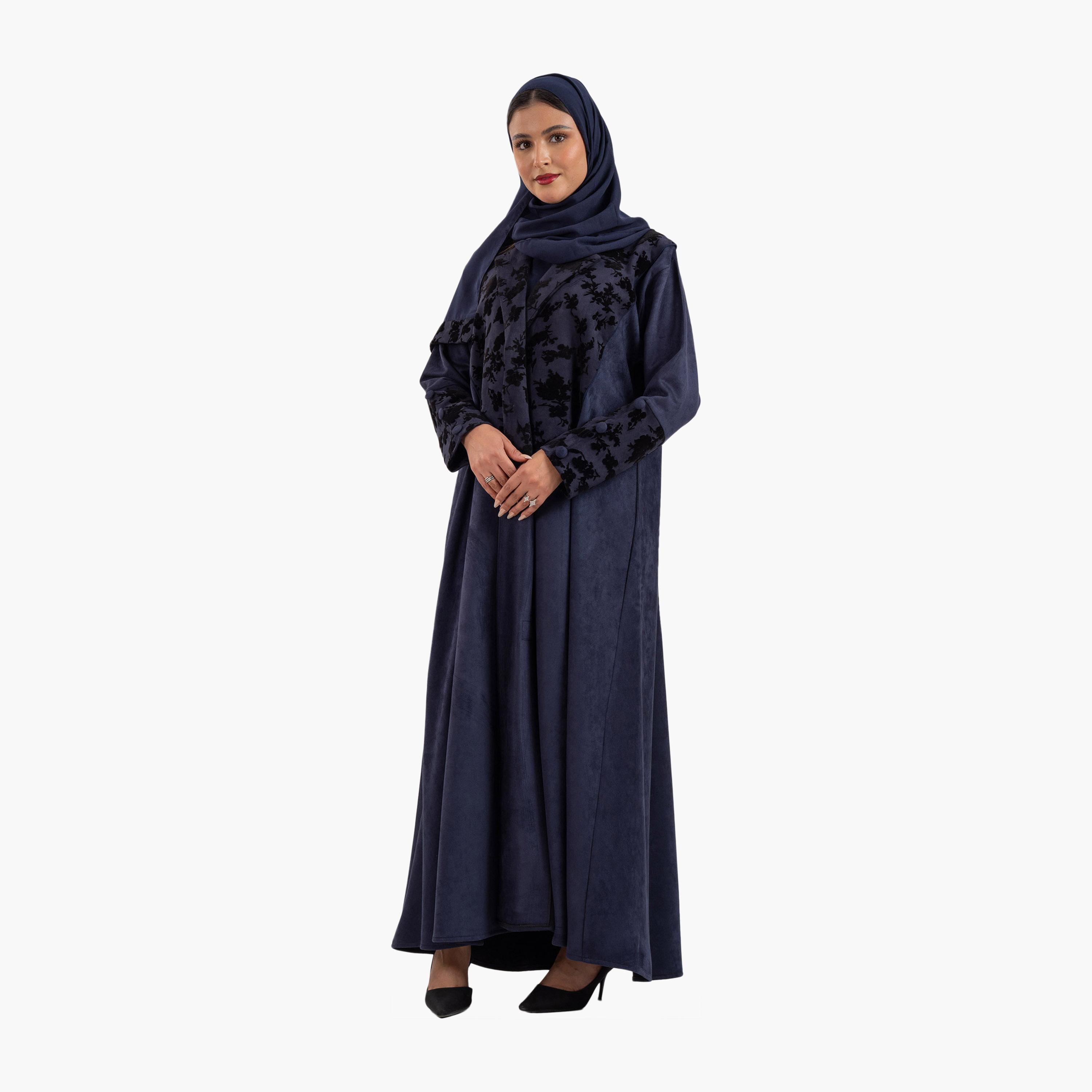 Zahiyh Navy Blue Colour-Blocked Lapel Collar Blazer Style Women's Abaya with Hijab-women-arabicclothing-abayas-image-2