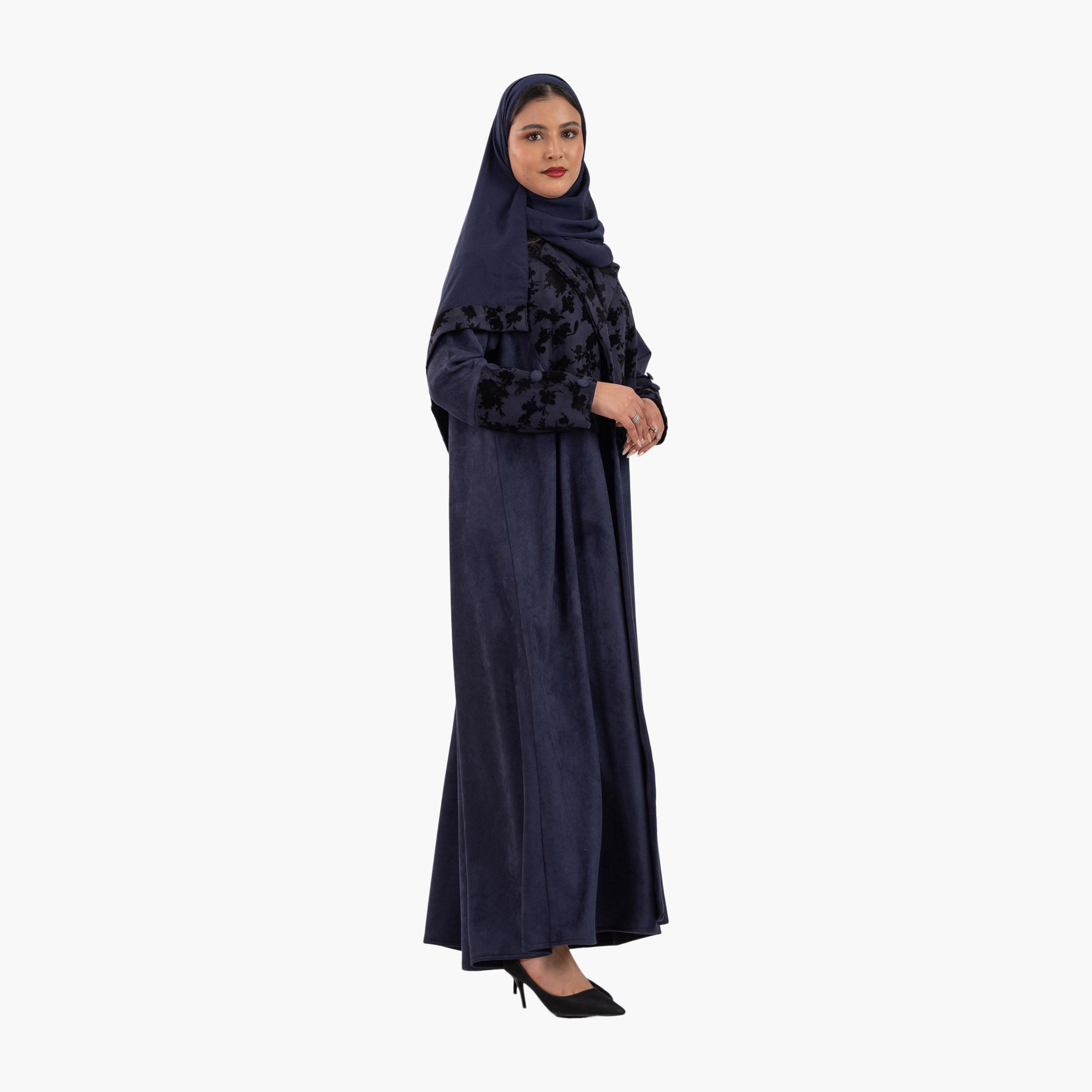 Zahiyh Navy Blue Colour-Blocked Lapel Collar Blazer Style Women's Abaya with Hijab-women-arabicclothing-abayas-image-3