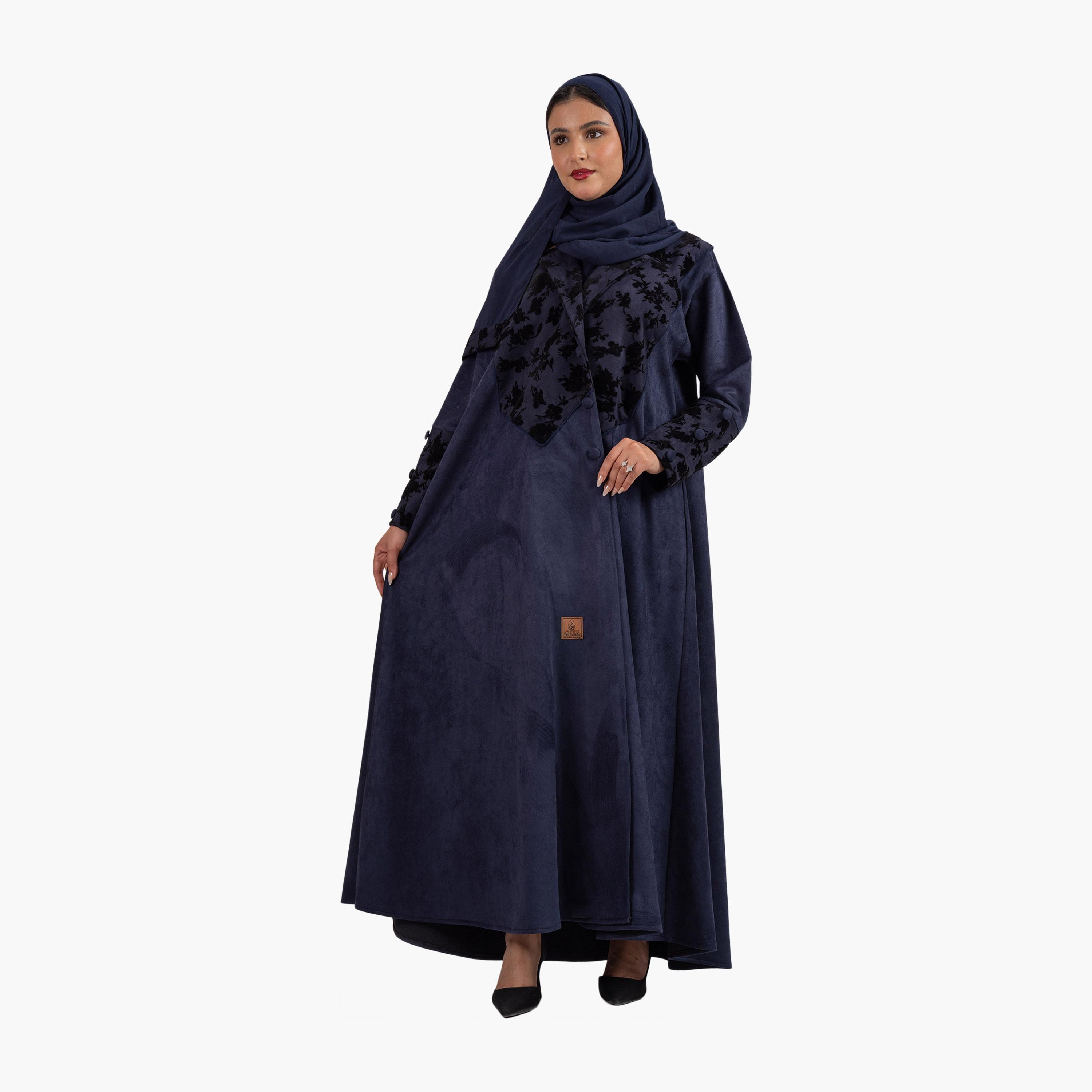 Zahiyh Navy Blue Colour-Blocked Lapel Collar Blazer Style Women's Abaya with Hijab-women-arabicclothing-abayas-image-4