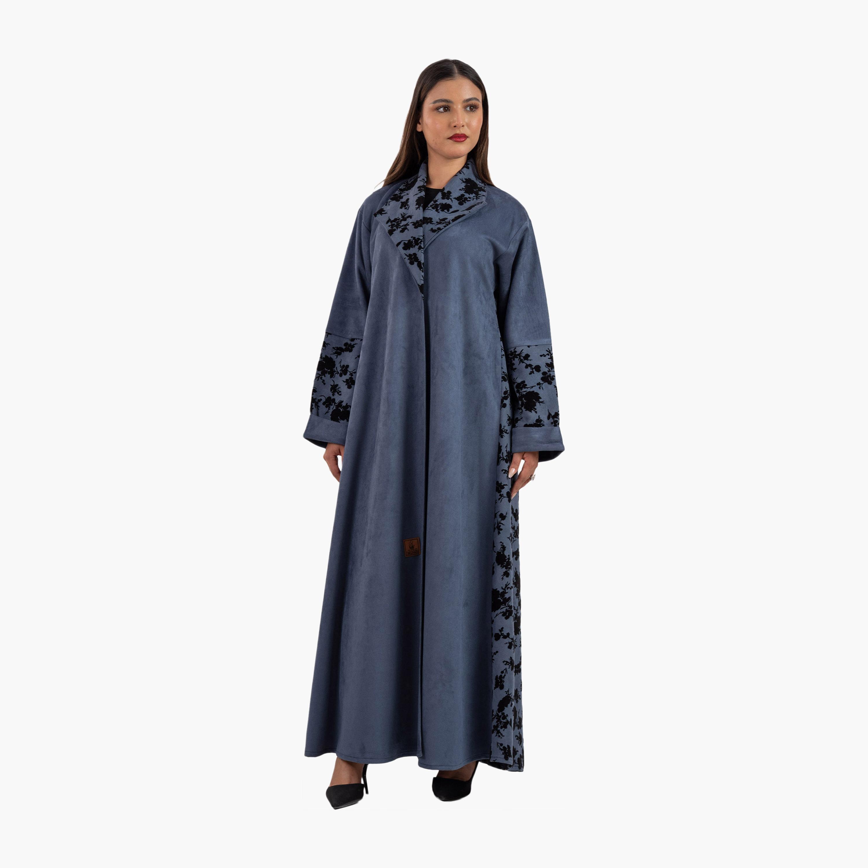 Zahiyh Blue Floral Printed Lapel Collar Blazer Style Women's Abaya-women-arabicclothing-abayas-image-1