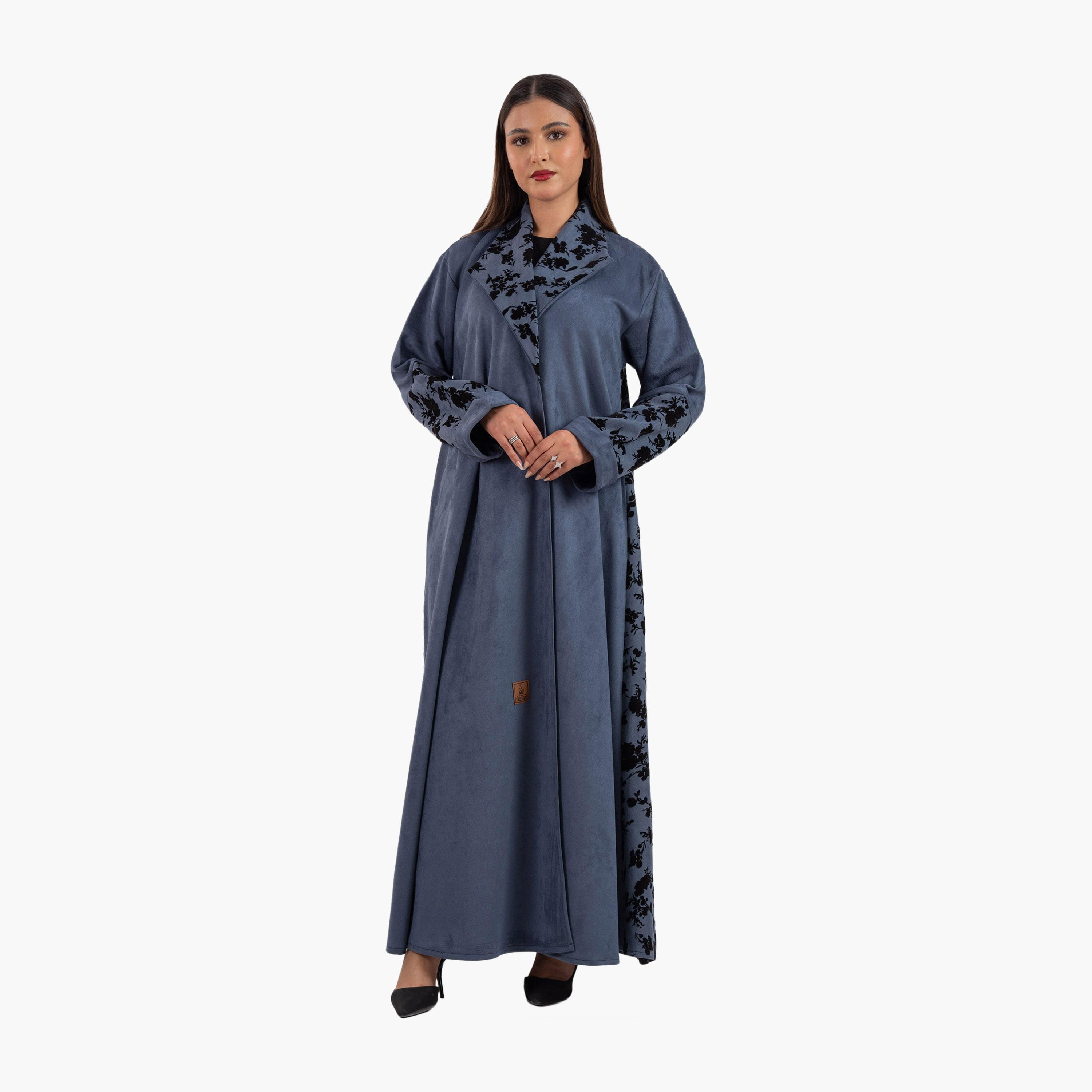 Zahiyh Blue Floral Printed Lapel Collar Blazer Style Women's Abaya-women-arabicclothing-abayas-image-2