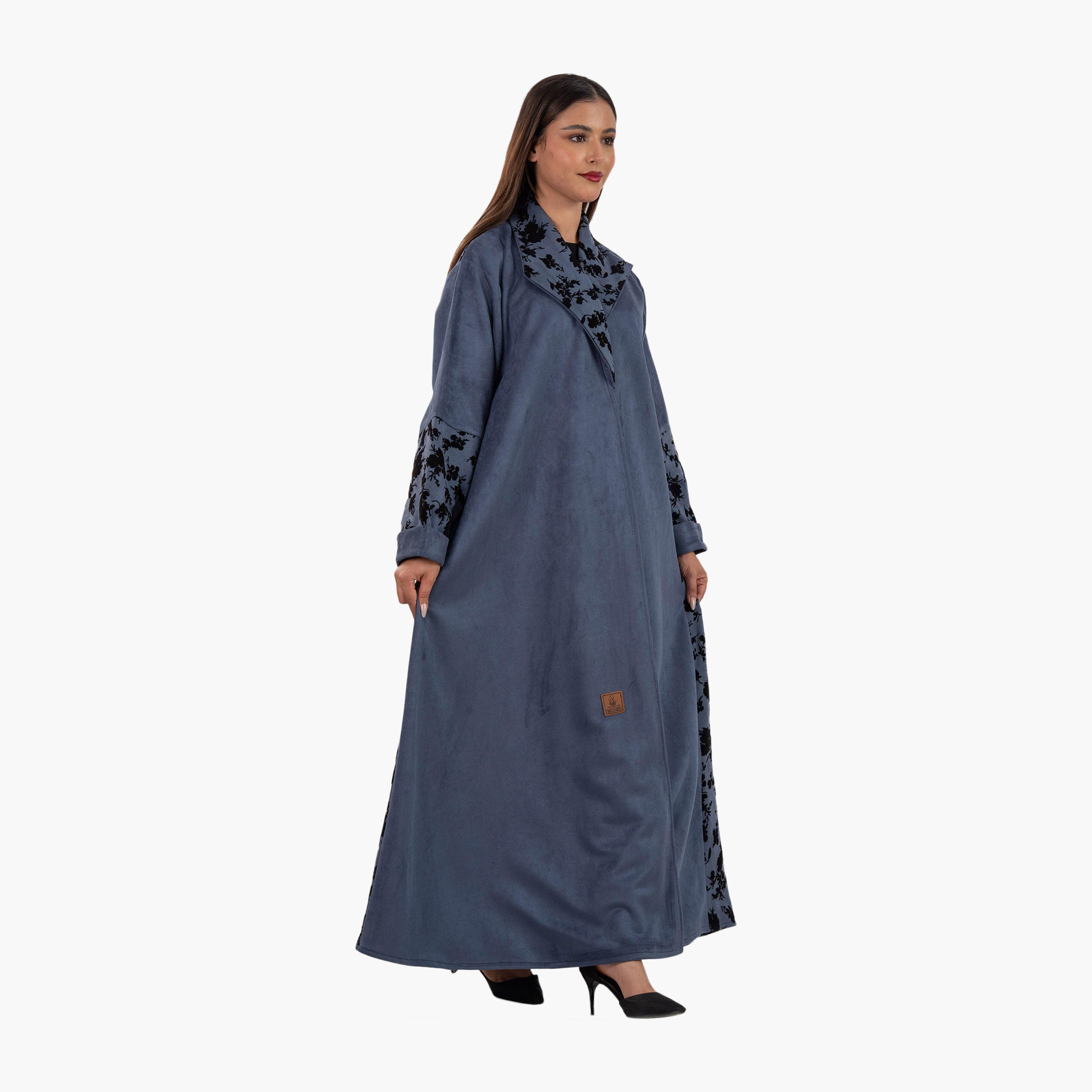 Zahiyh Blue Floral Printed Lapel Collar Blazer Style Women's Abaya-women-arabicclothing-abayas-image-3