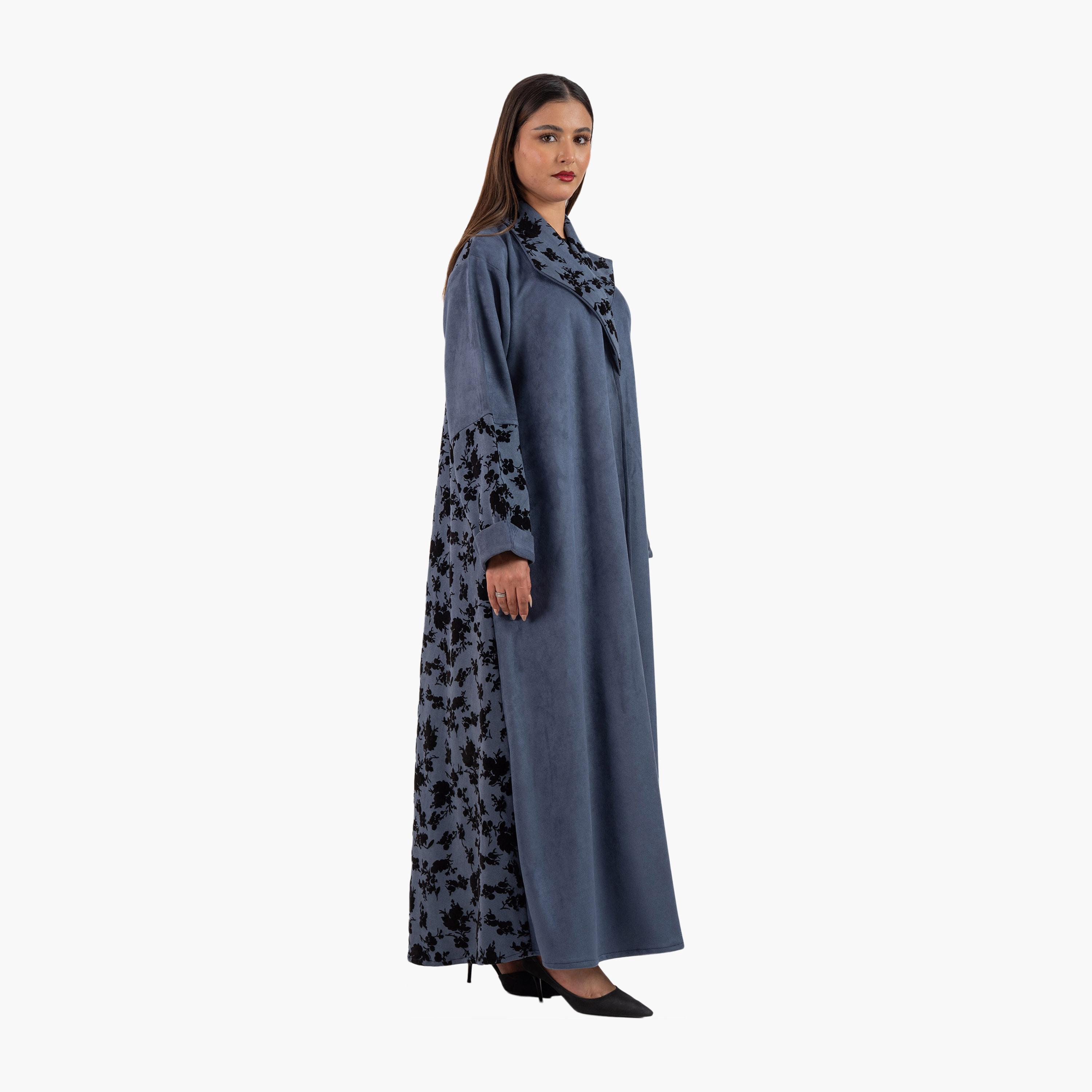 Zahiyh Blue Floral Printed Lapel Collar Blazer Style Women's Abaya-women-arabicclothing-abayas-image-4