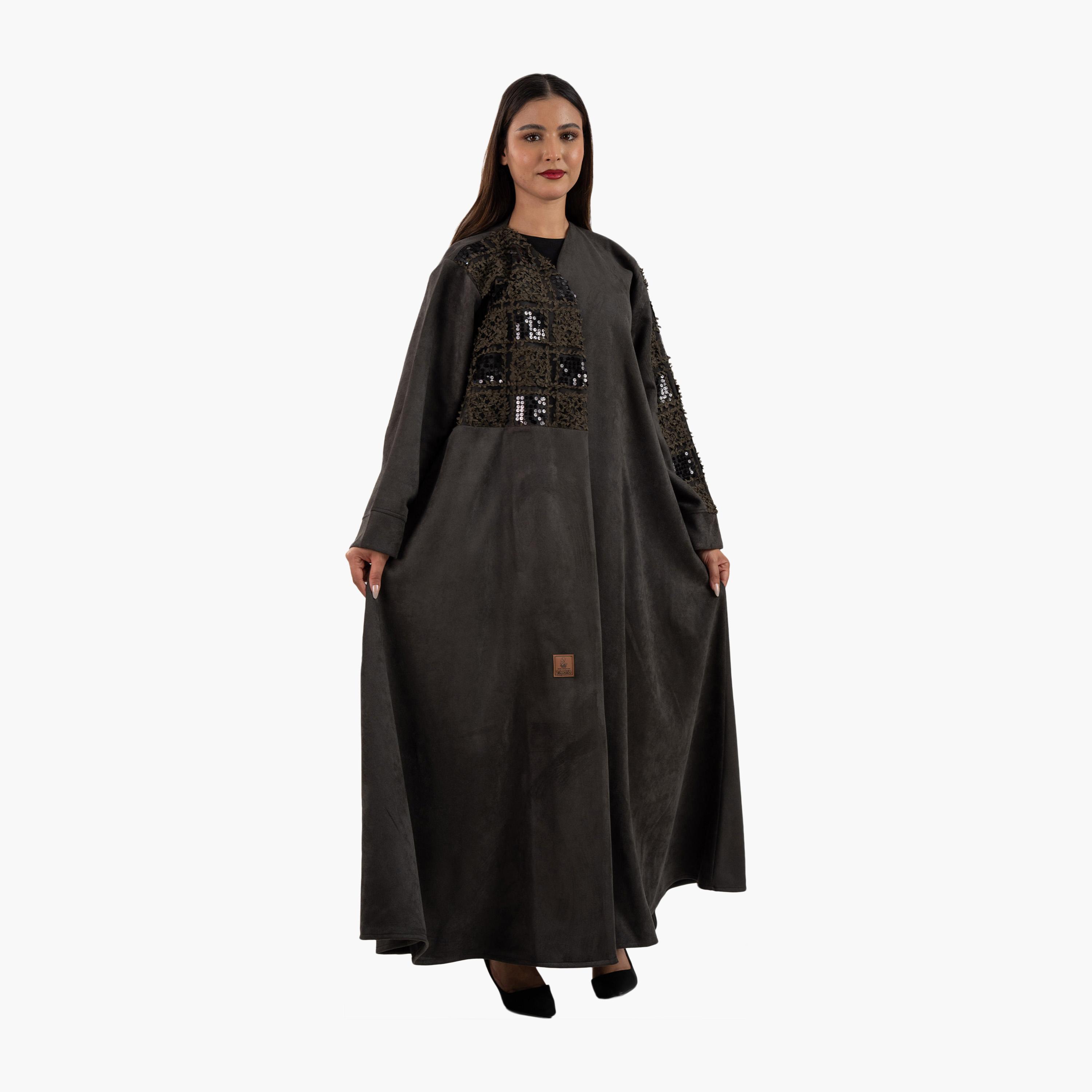 Zahiyh Charcoal 3D Patch Work Evening Women's Abaya-women-arabicclothing-abayas-image-2
