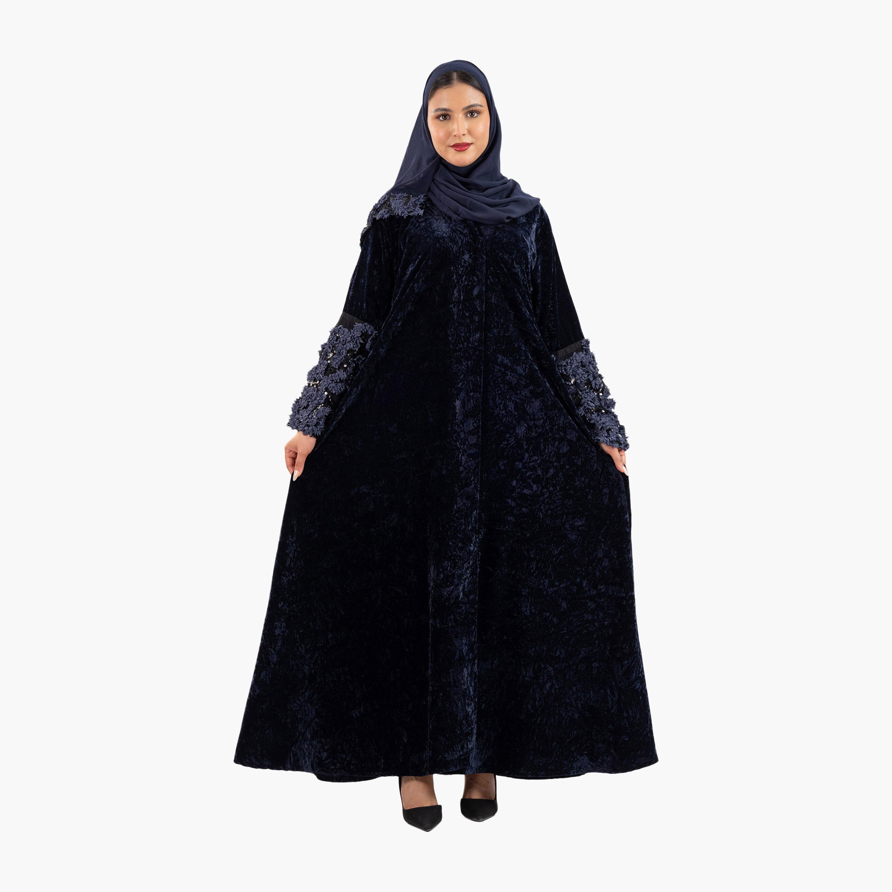Zahiyh Navy Blue Textured 3D Patch Work Sleeves Evening Women's Abaya with Hijab-women-arabicclothing-abayas-image-1