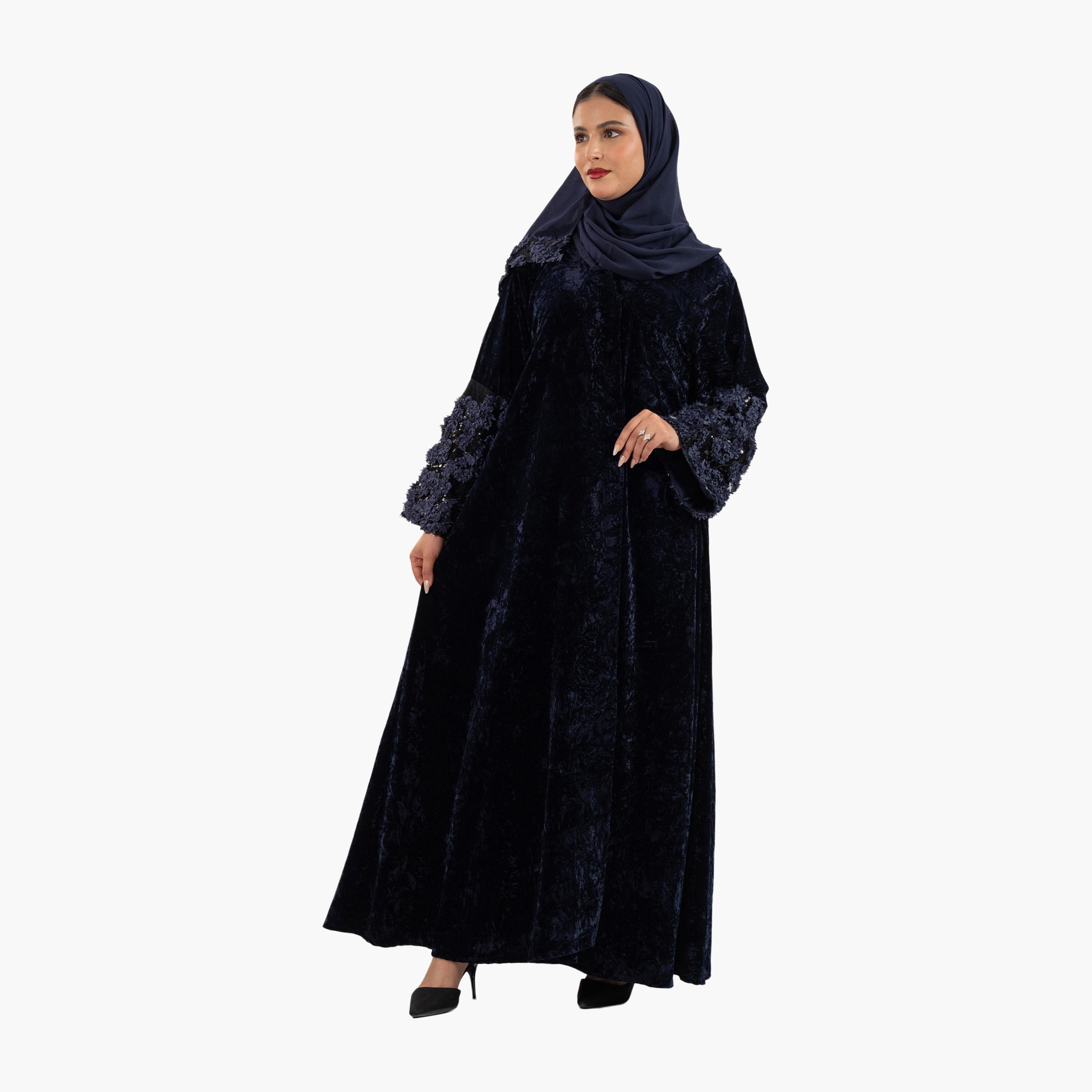 Zahiyh Navy Blue Textured 3D Patch Work Sleeves Evening Women's Abaya with Hijab-women-arabicclothing-abayas-image-2