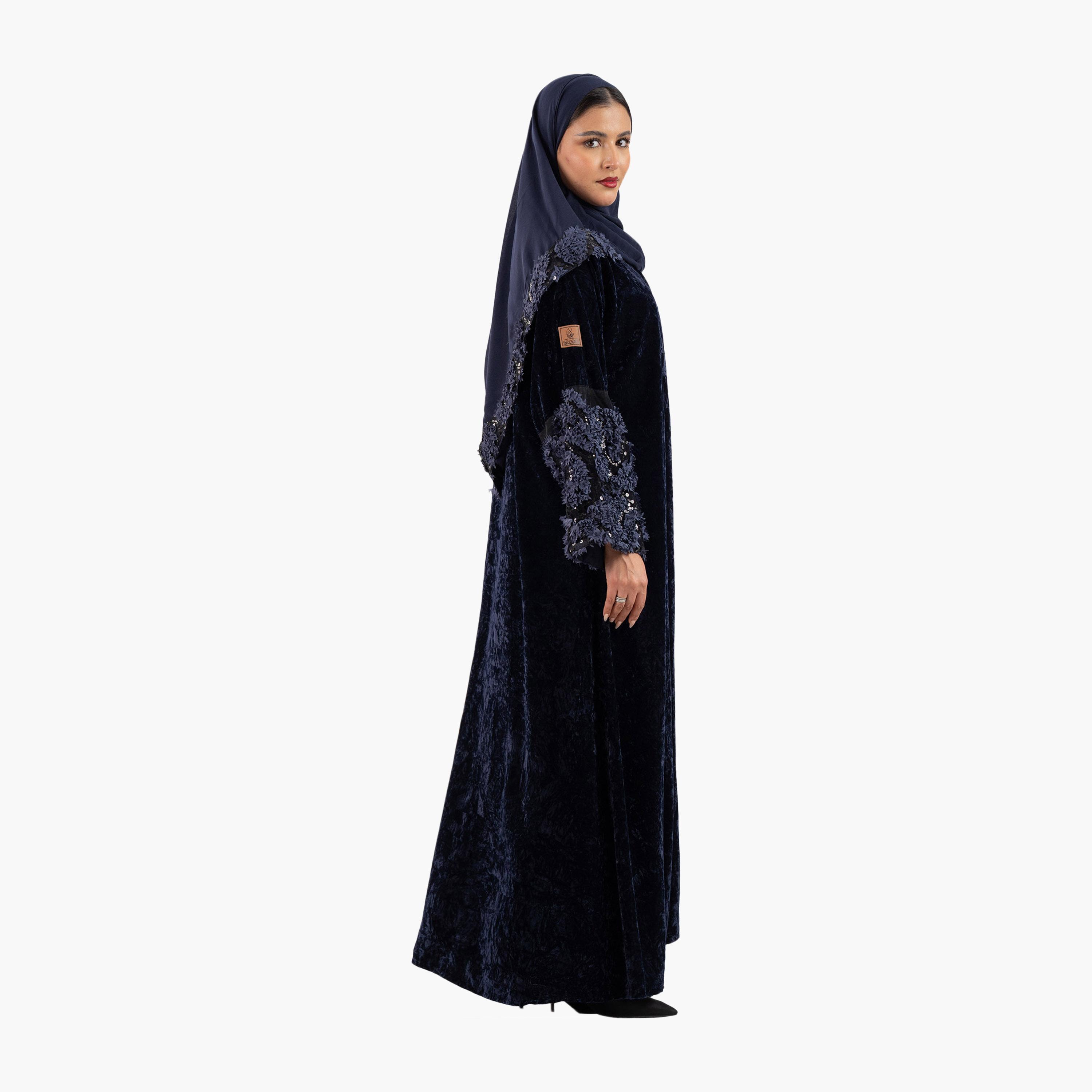 Zahiyh Navy Blue Textured 3D Patch Work Sleeves Evening Women's Abaya with Hijab-women-arabicclothing-abayas-image-3