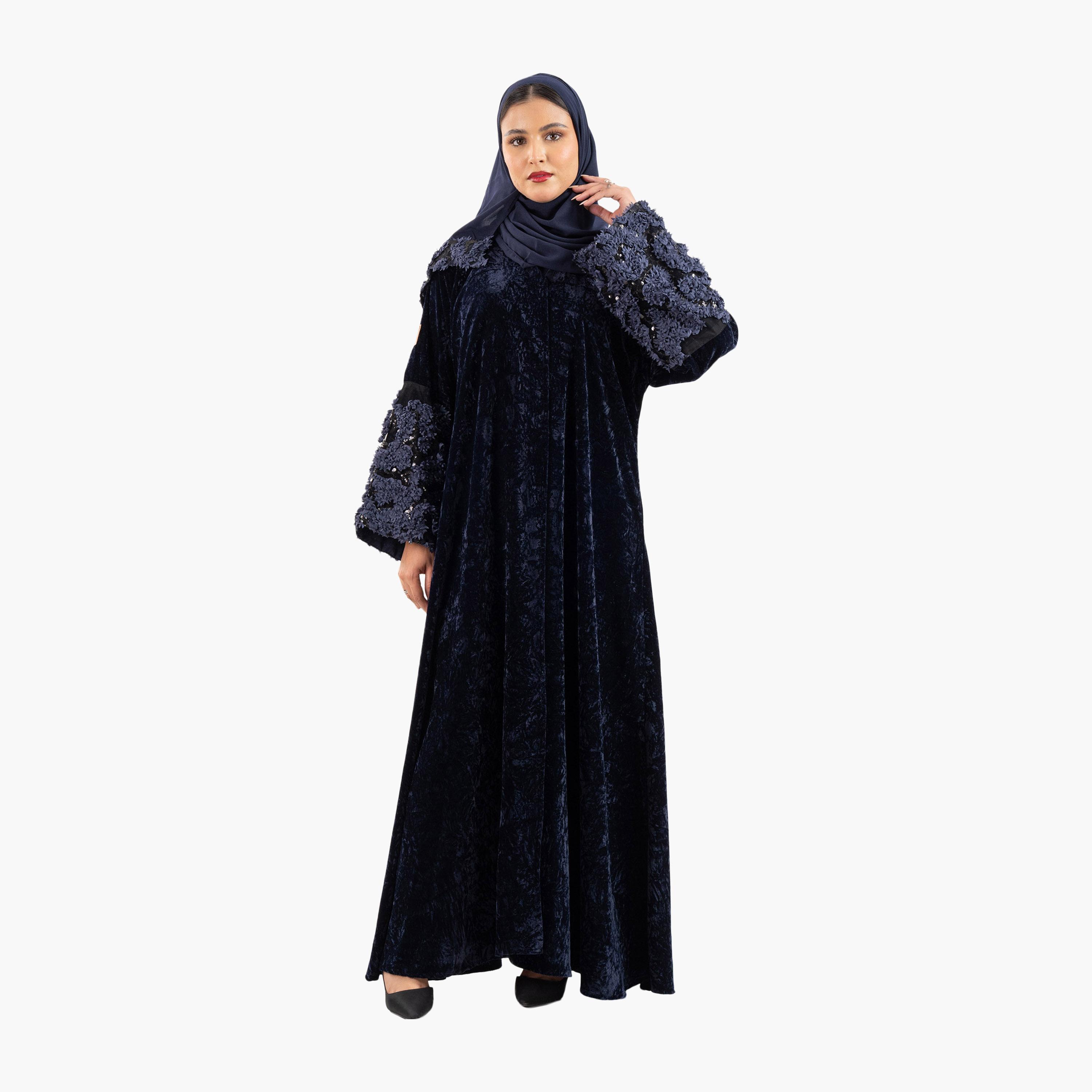 Zahiyh Navy Blue Textured 3D Patch Work Sleeves Evening Women's Abaya with Hijab-women-arabicclothing-abayas-image-4