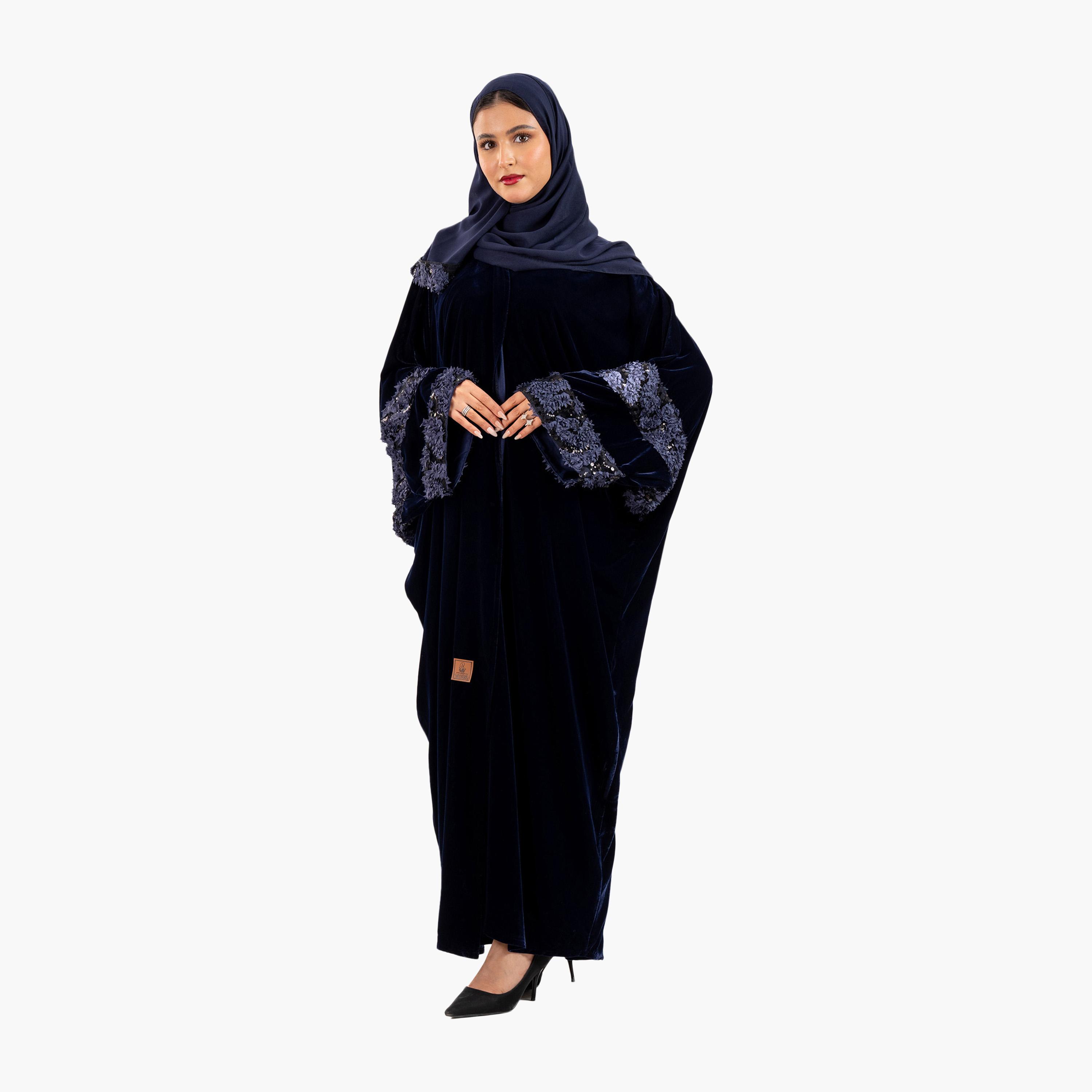 Zahiyh 3D Patch Work Wide Sleeves Evening Women's Bisht Abaya with Hijab-women-arabicclothing-abayas-image-1