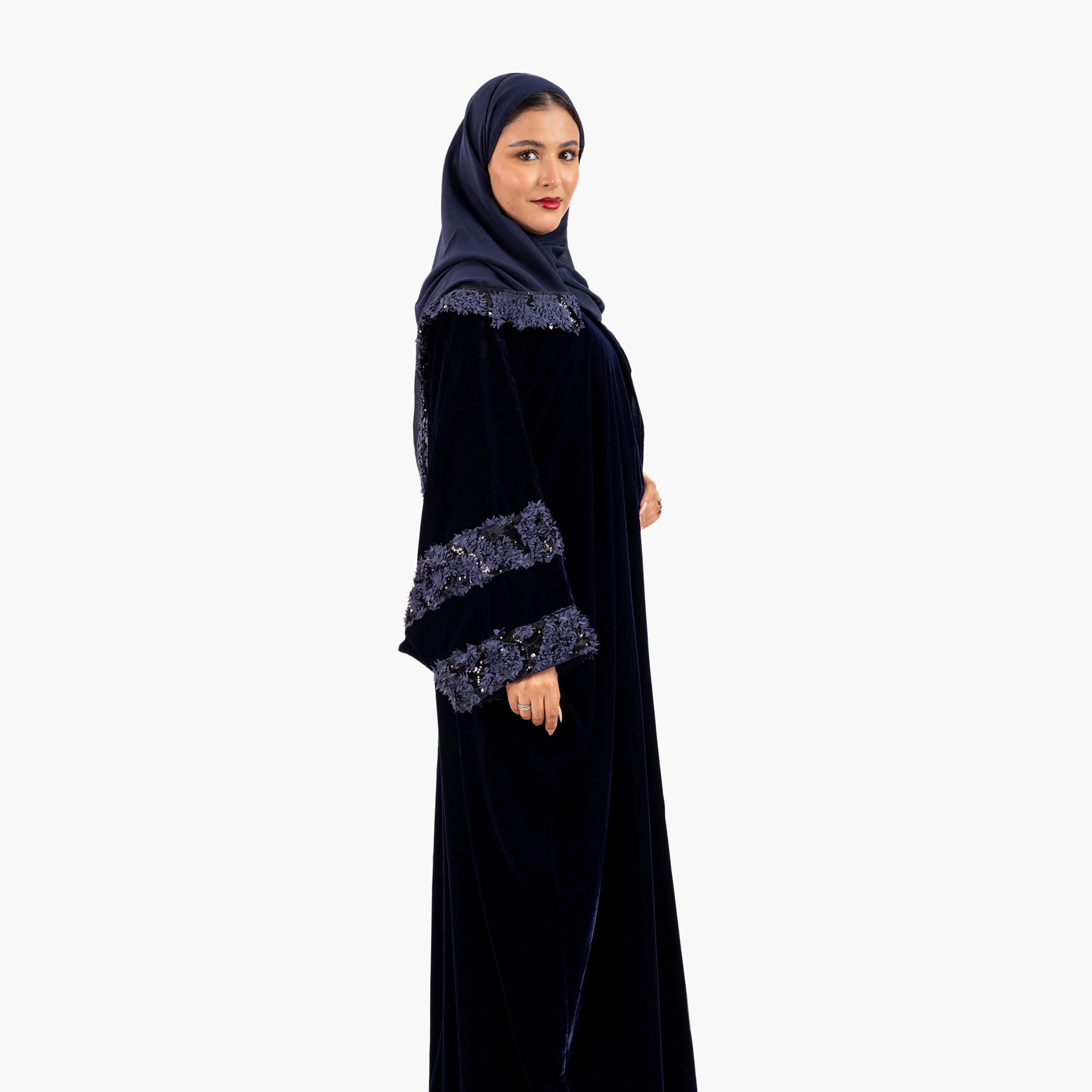 Zahiyh 3D Patch Work Wide Sleeves Evening Women's Bisht Abaya with Hijab-women-arabicclothing-abayas-image-2