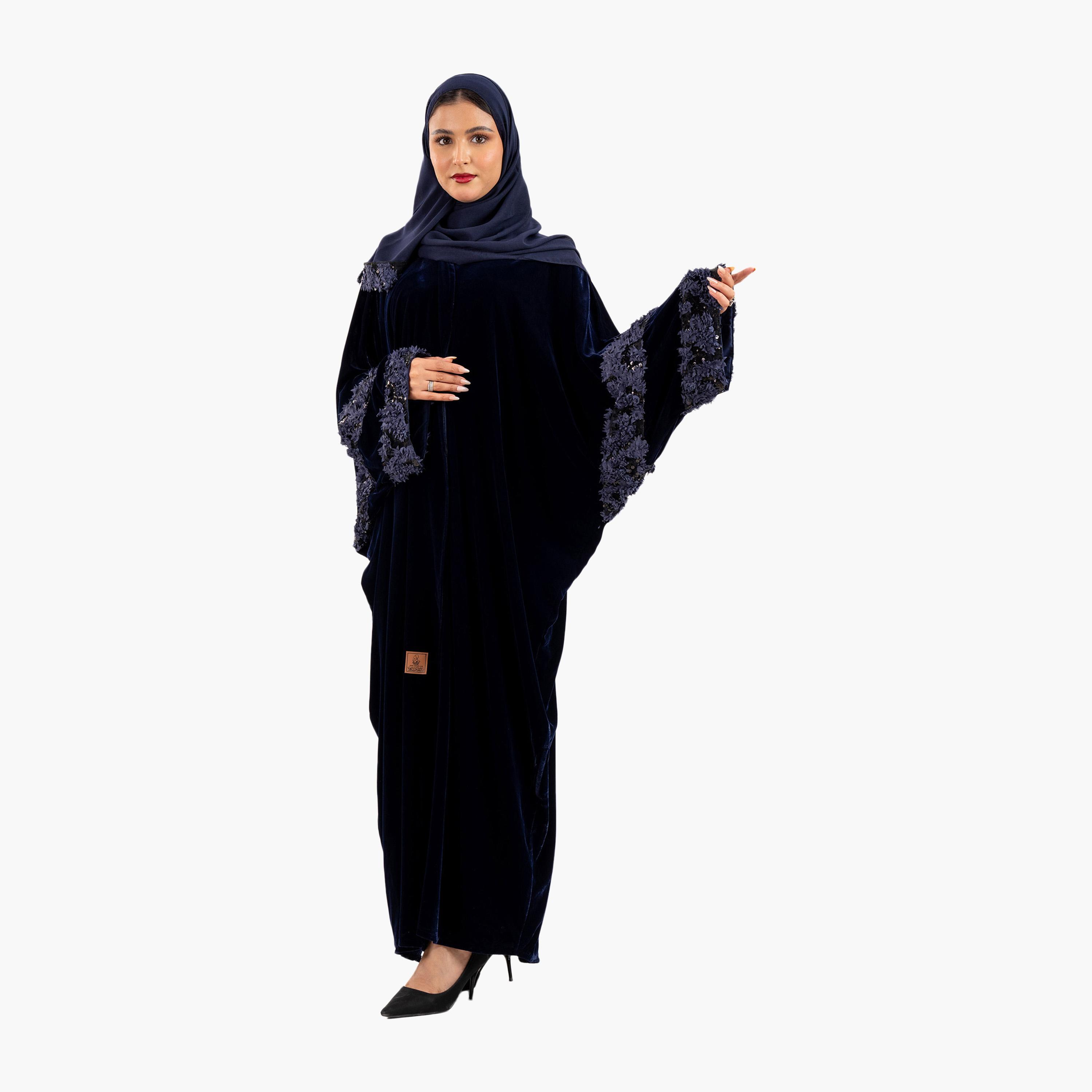 Zahiyh 3D Patch Work Wide Sleeves Evening Women's Bisht Abaya with Hijab-women-arabicclothing-abayas-image-3